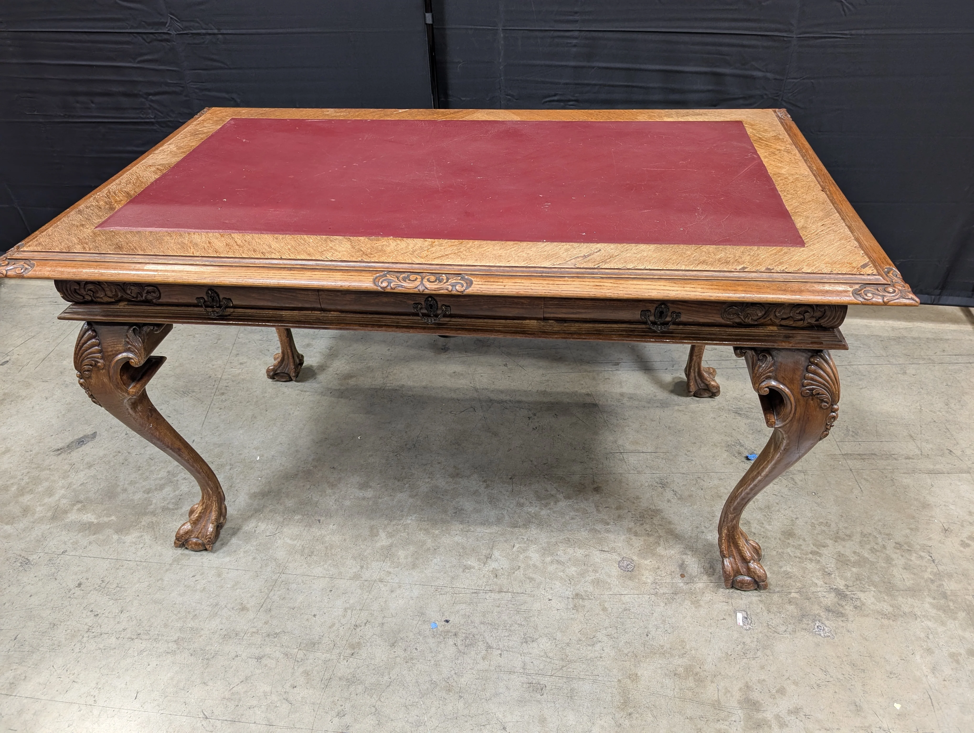 Ornate Carved Wood Desk with Reddish-Brown Top - Image 2