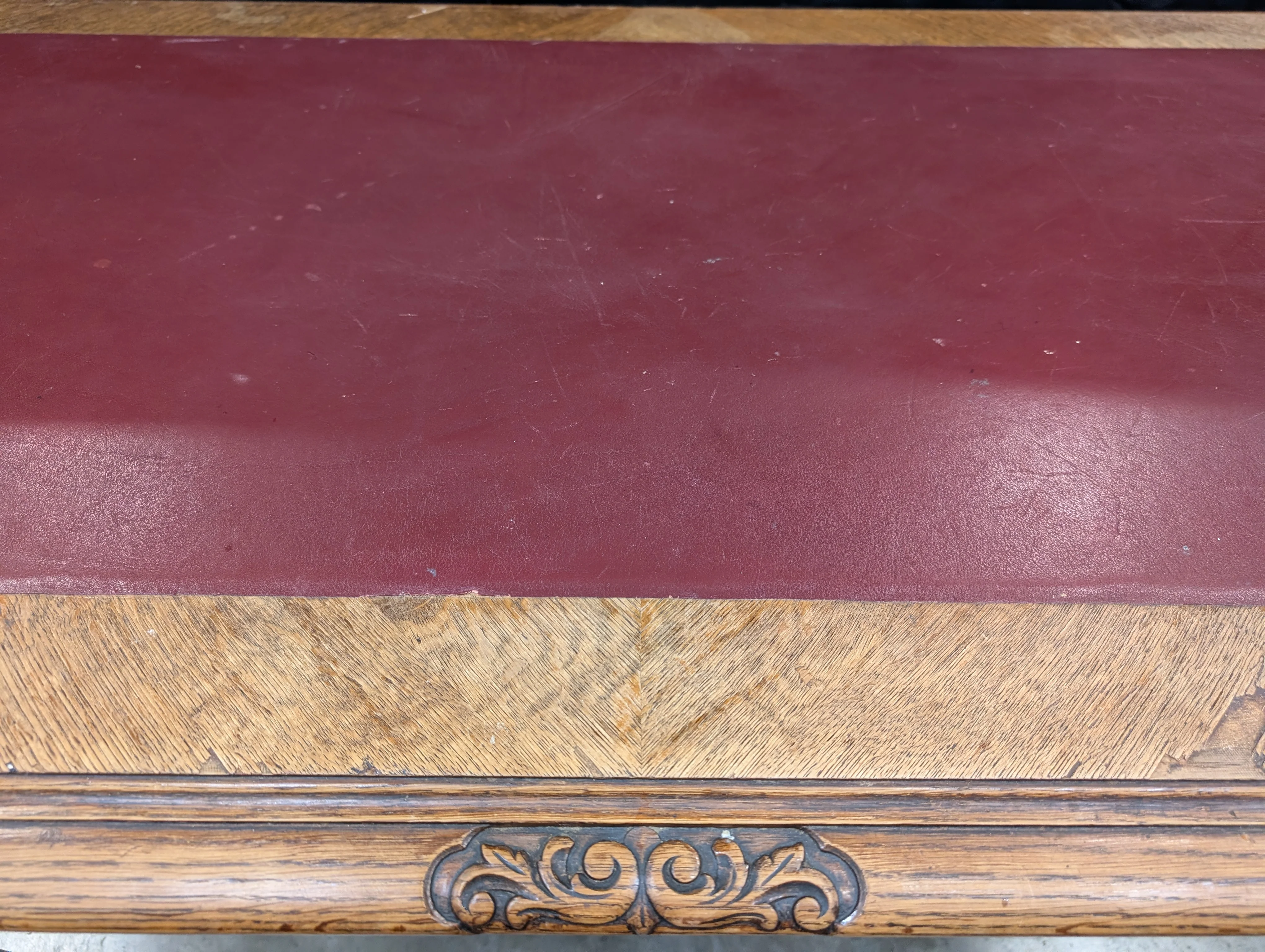 Ornate Carved Wood Desk with Reddish-Brown Top - Image 3