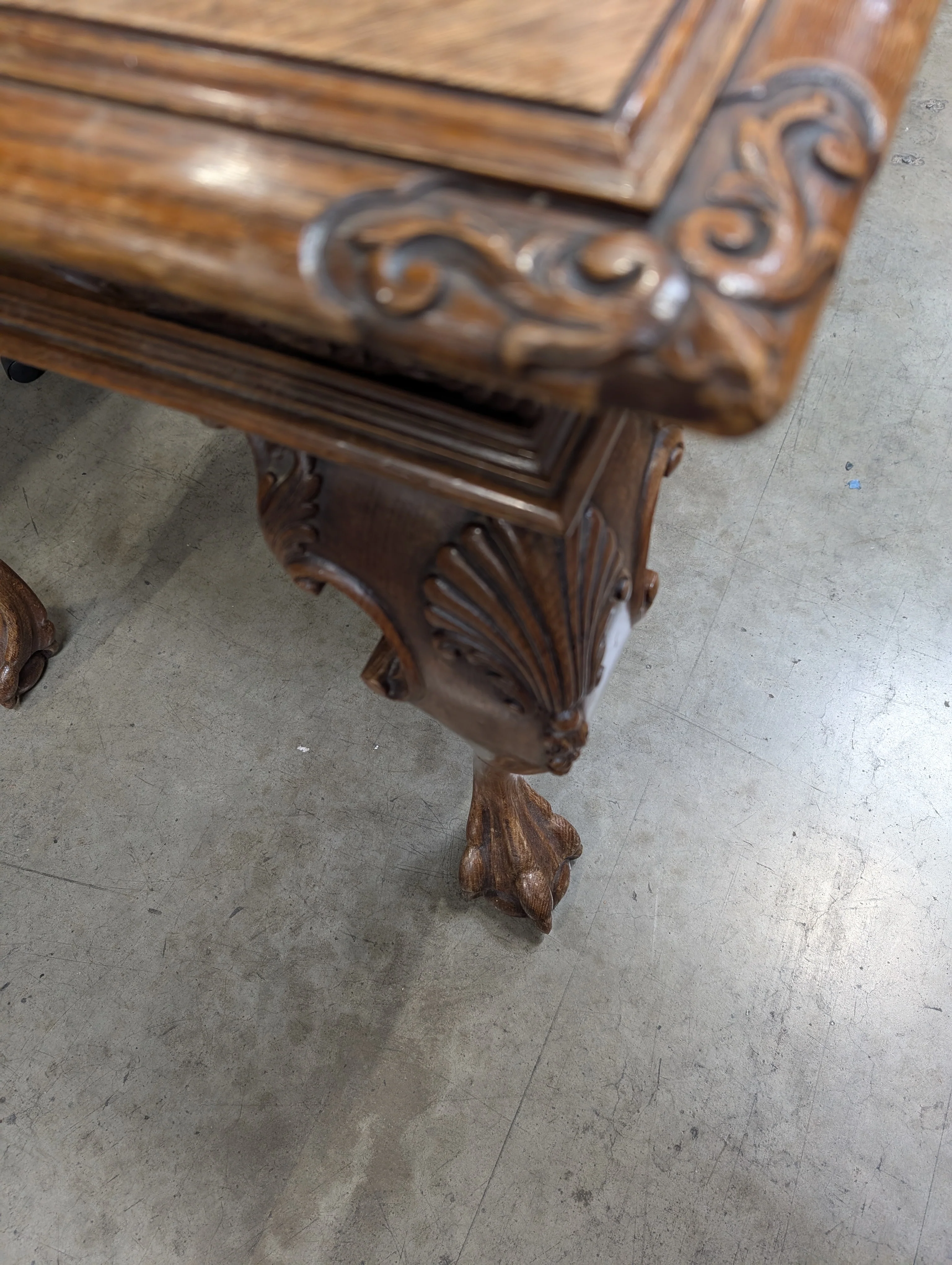 Ornate Carved Wood Desk with Reddish-Brown Top - Image 4