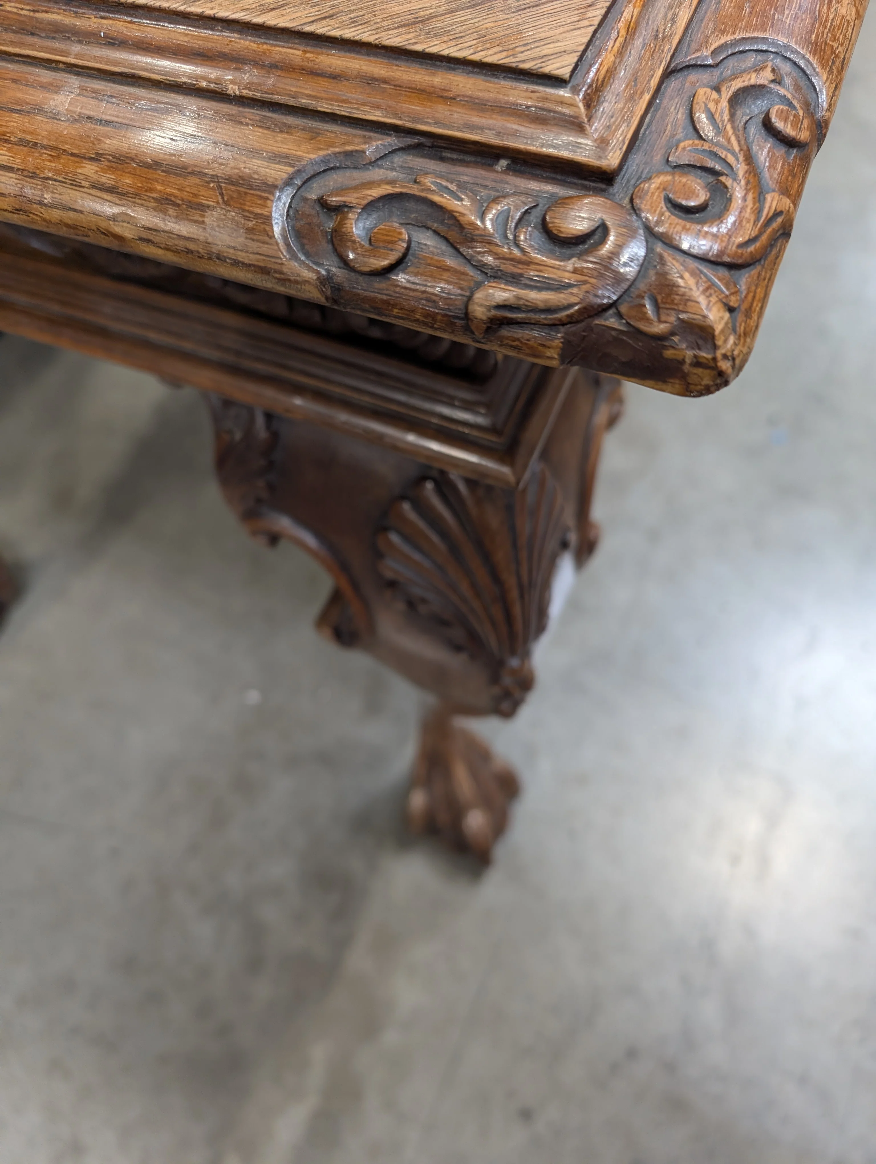 Ornate Carved Wood Desk with Reddish-Brown Top - Image 5