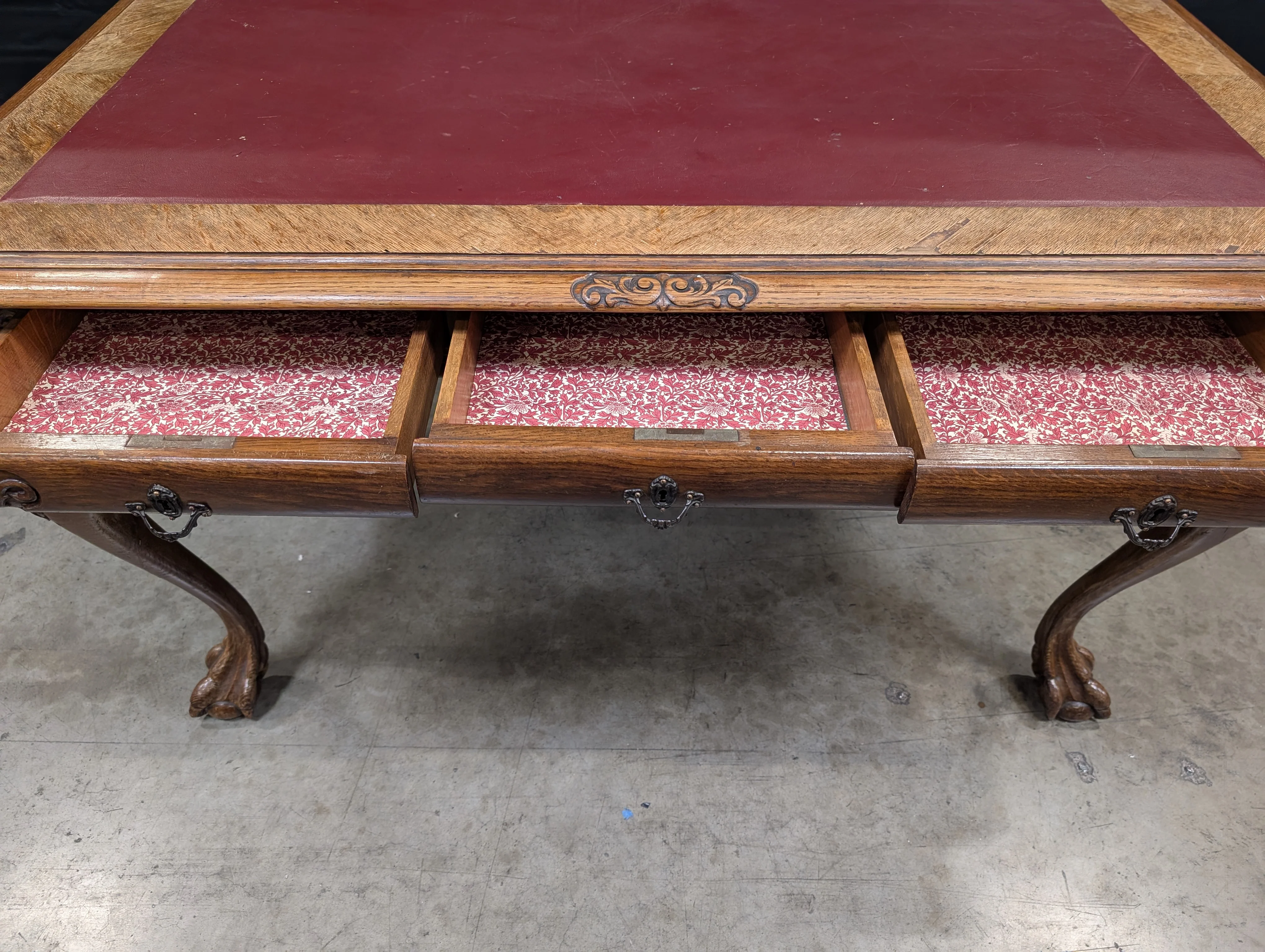 Ornate Carved Wood Desk with Reddish-Brown Top - Image 6