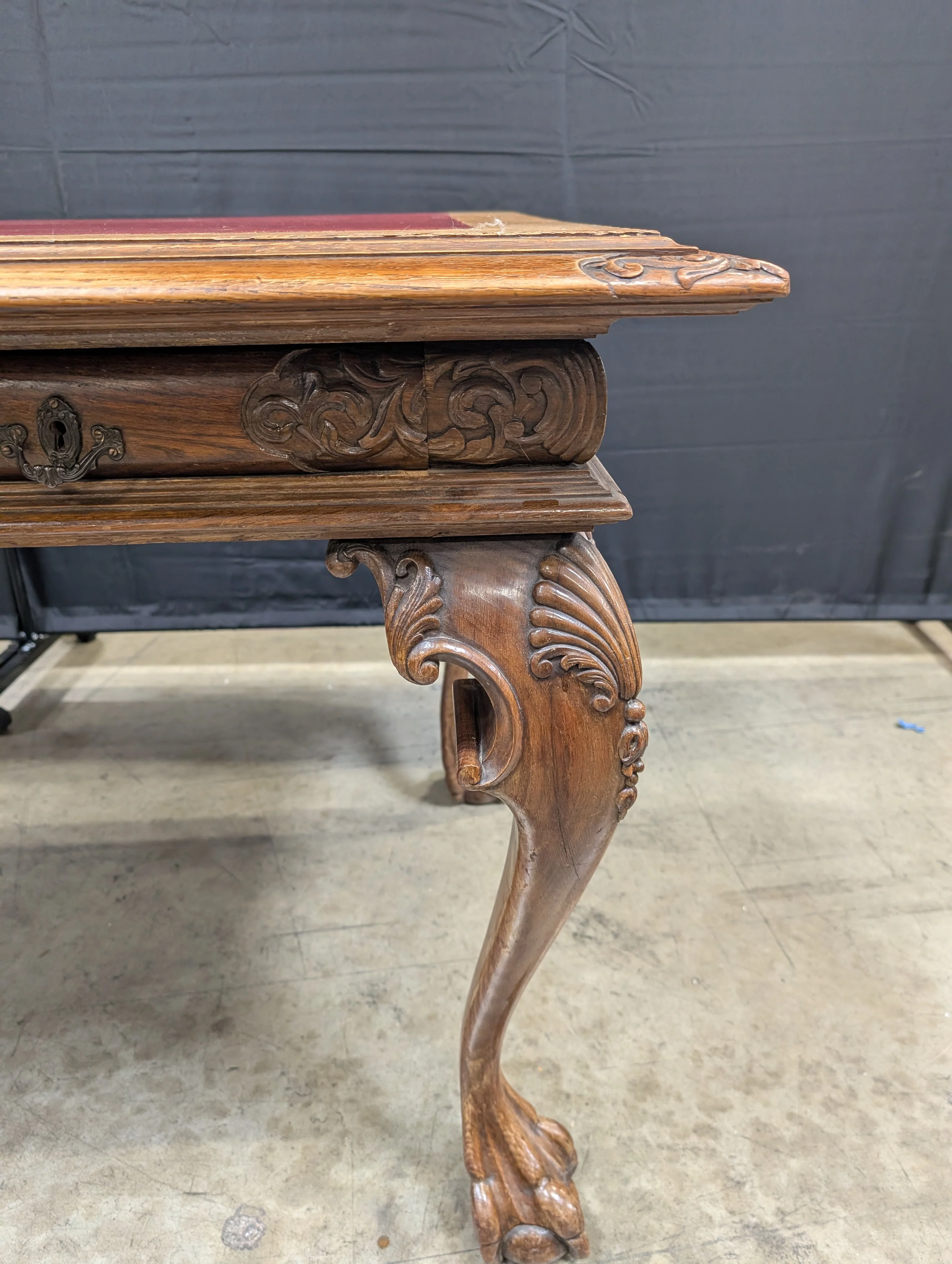 Ornate Carved Wood Desk with Reddish-Brown Top - Image 7