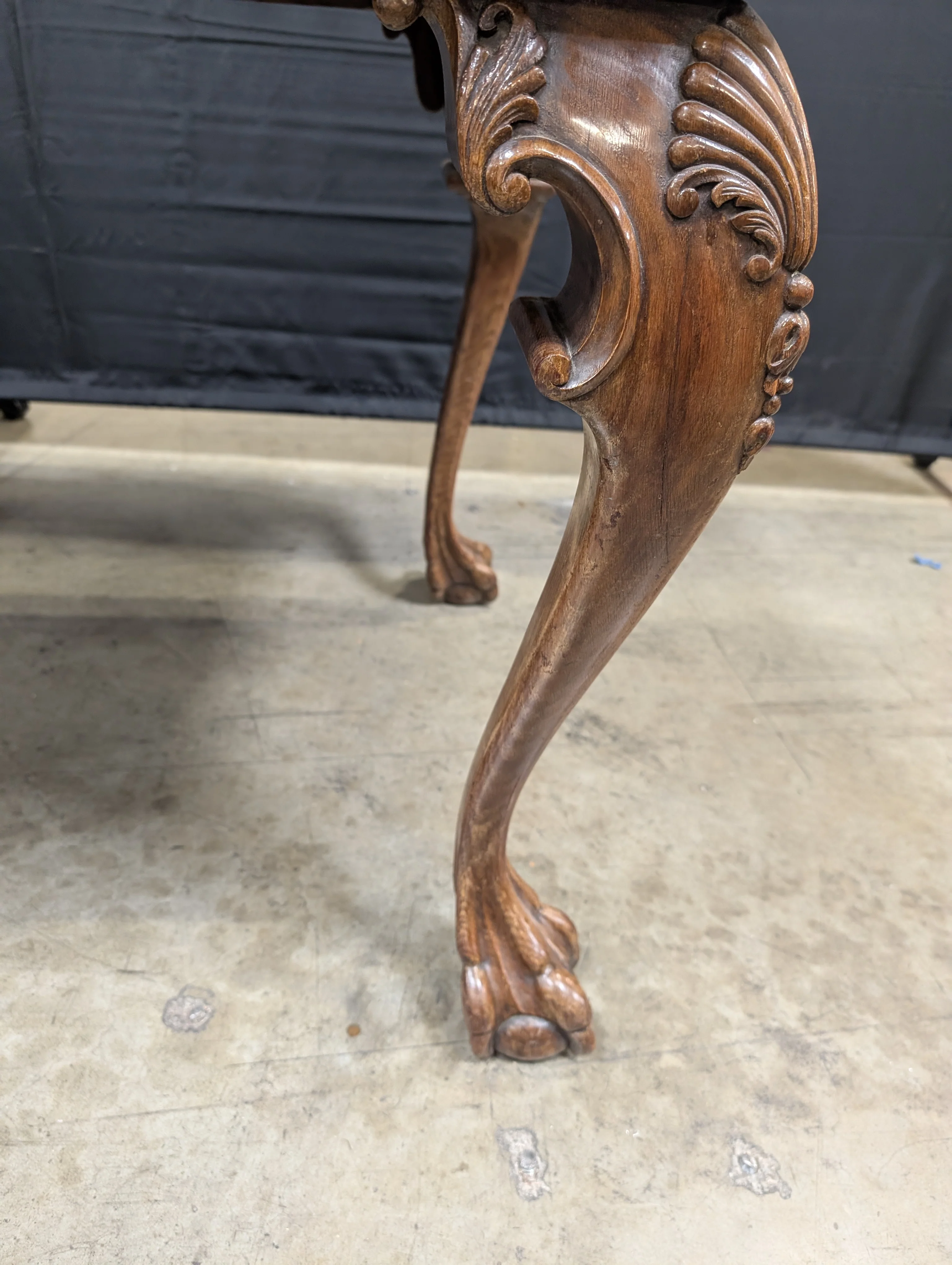 Ornate Carved Wood Desk with Reddish-Brown Top - Image 9