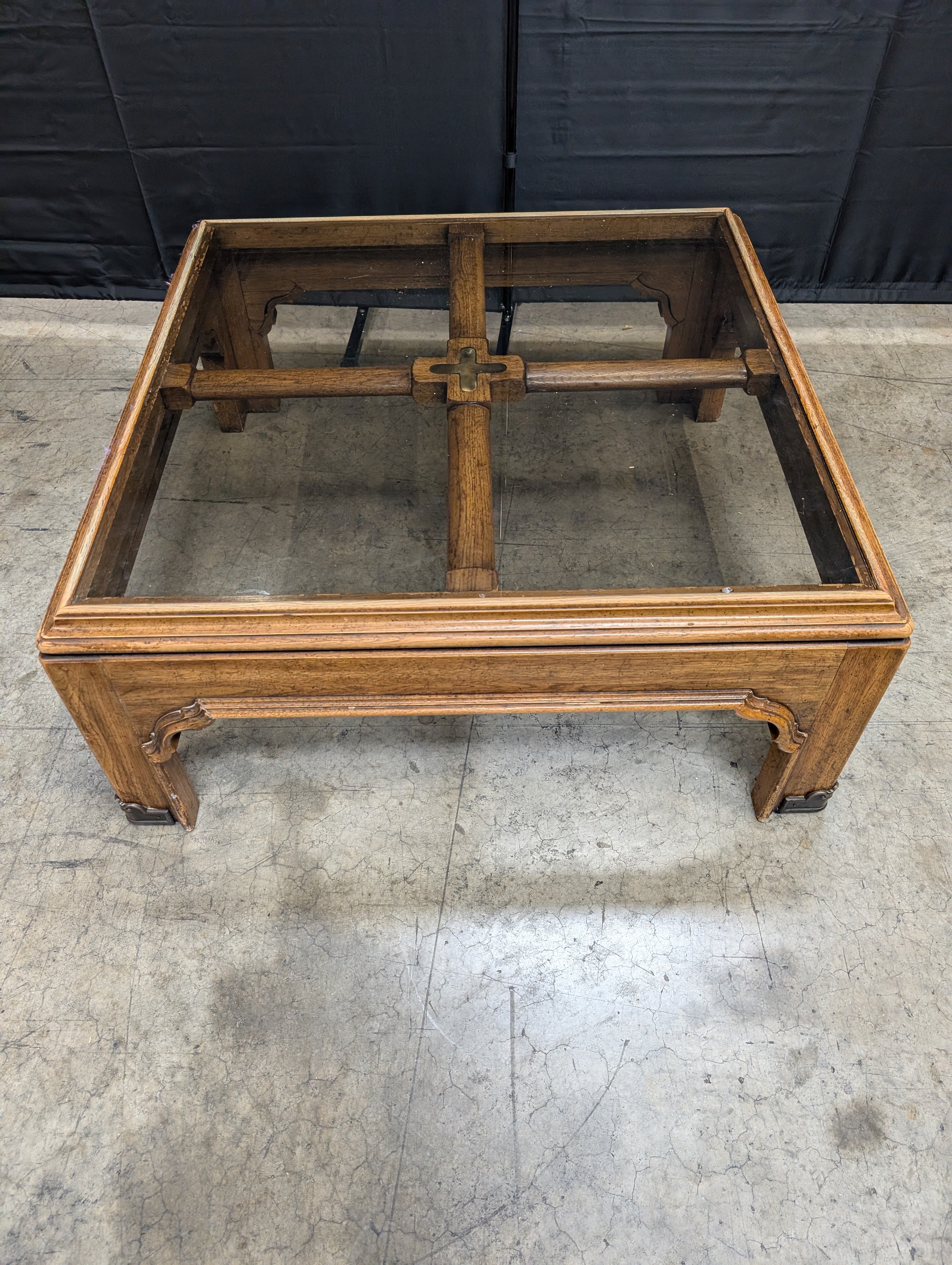Traditional Carved Wood Square Coffee Table with Glass Top