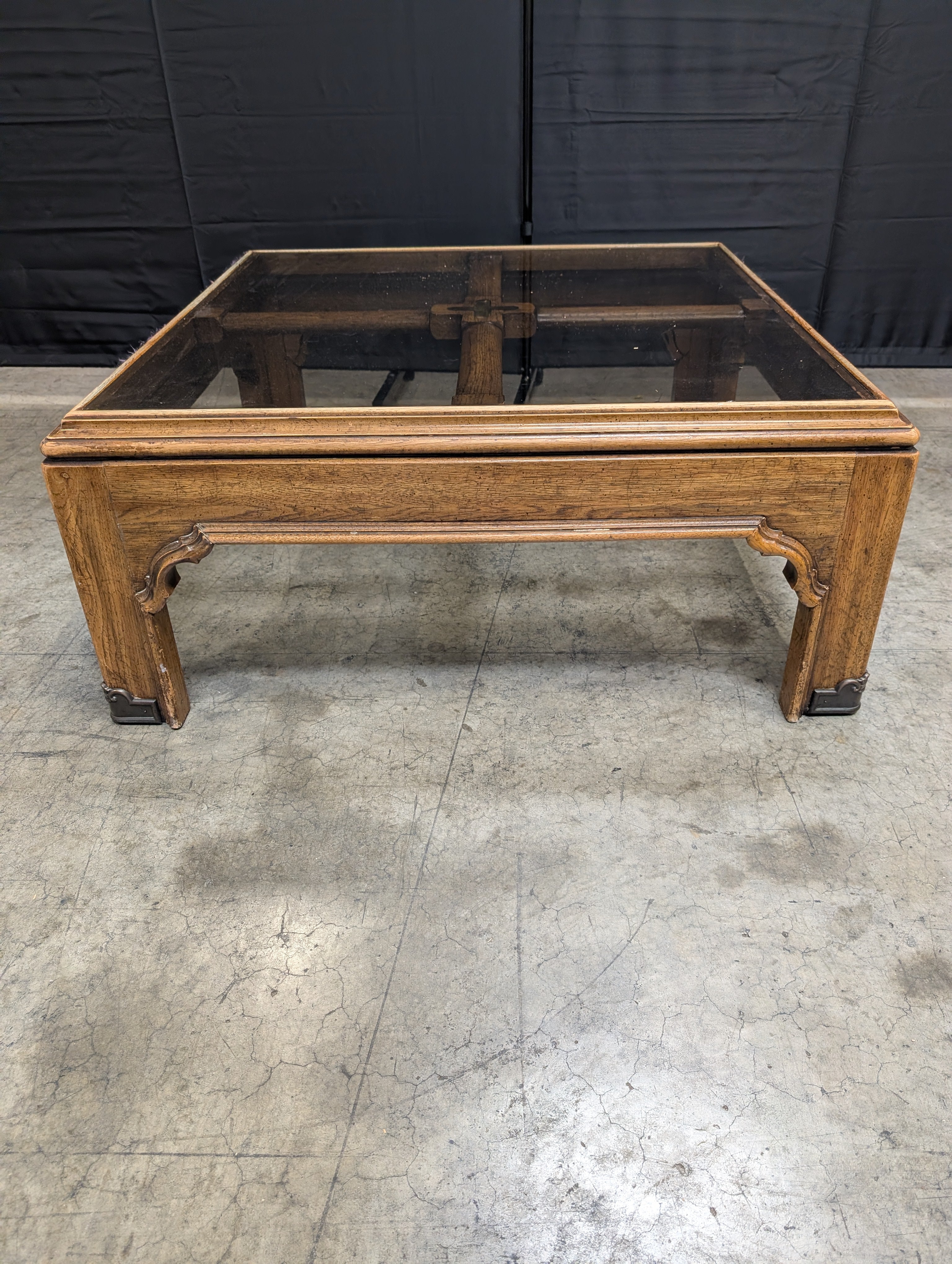 Traditional Carved Wood Square Coffee Table with Glass Top - Image 3