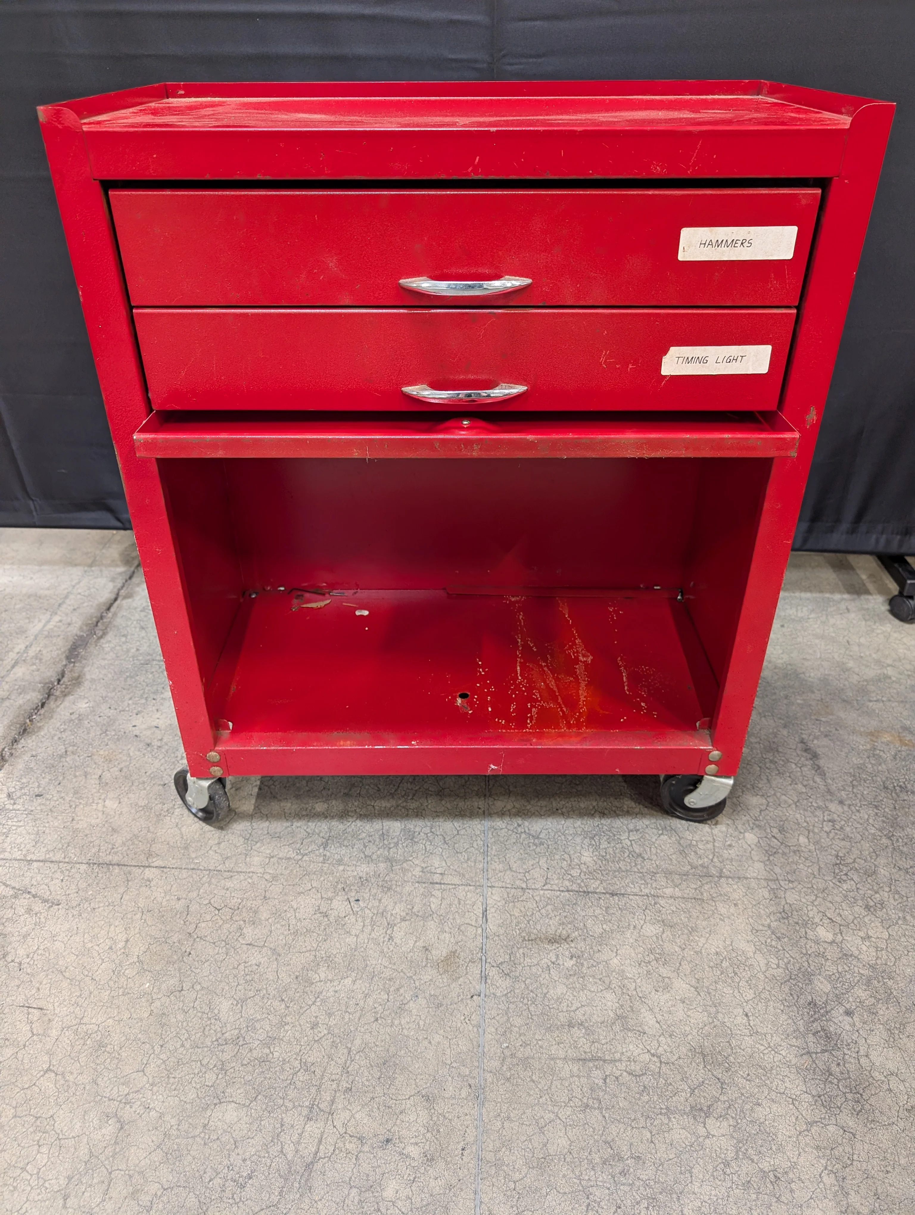 Compact Red Metal Rolling Tool Cart with Two Drawers - Image 2