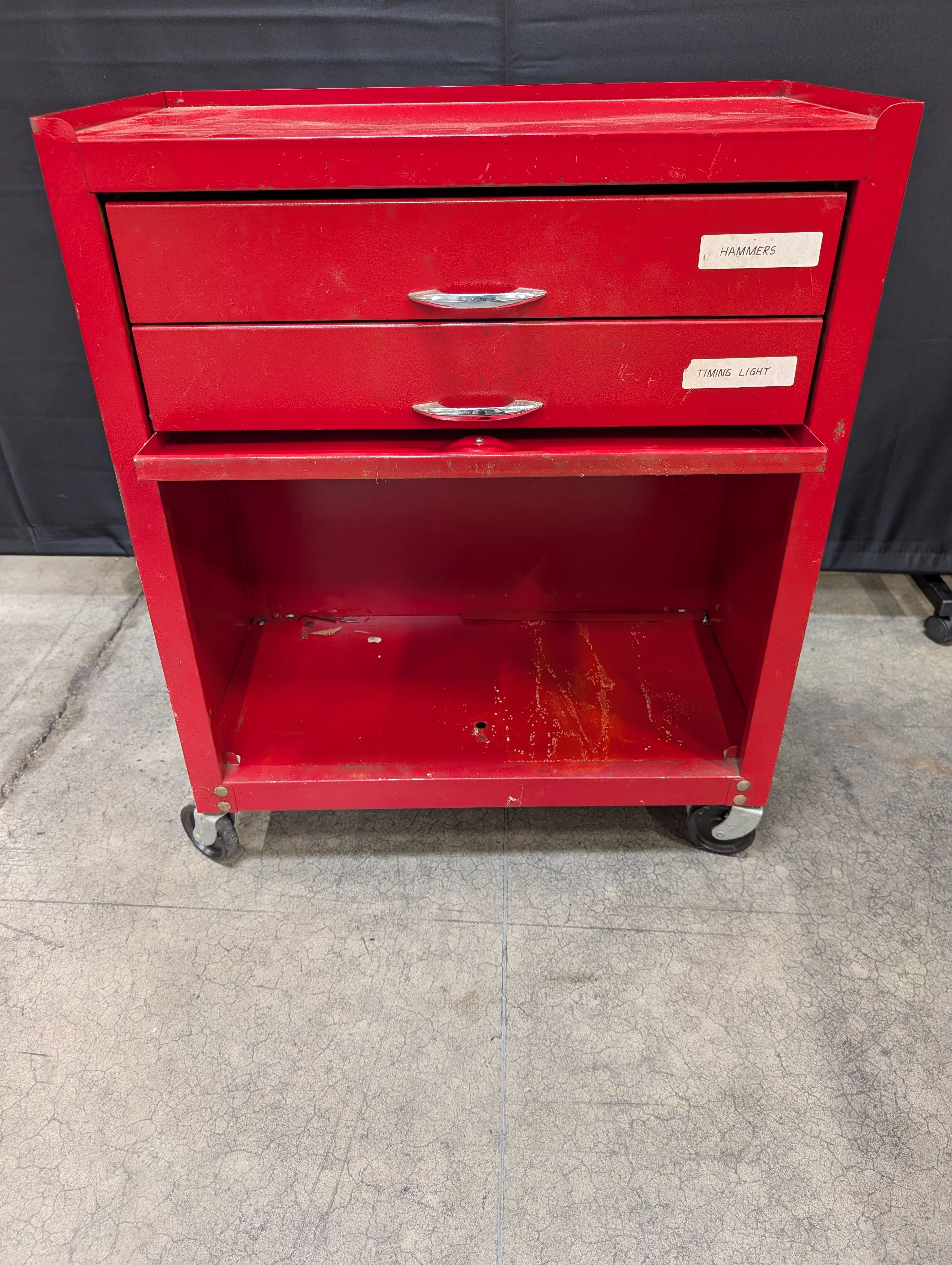 Compact Red Metal Rolling Tool Cart with Two Drawers - Image 3