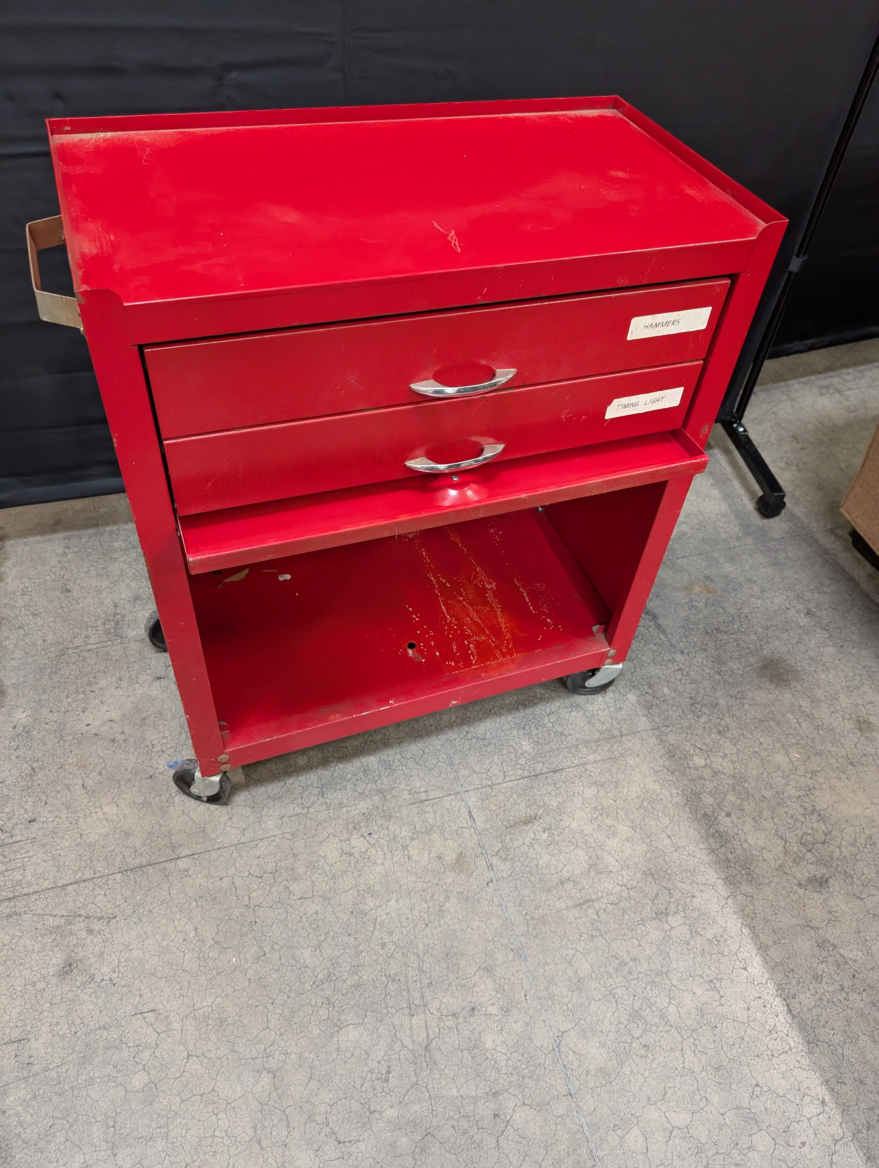 Compact Red Metal Rolling Tool Cart with Two Drawers - Image 4