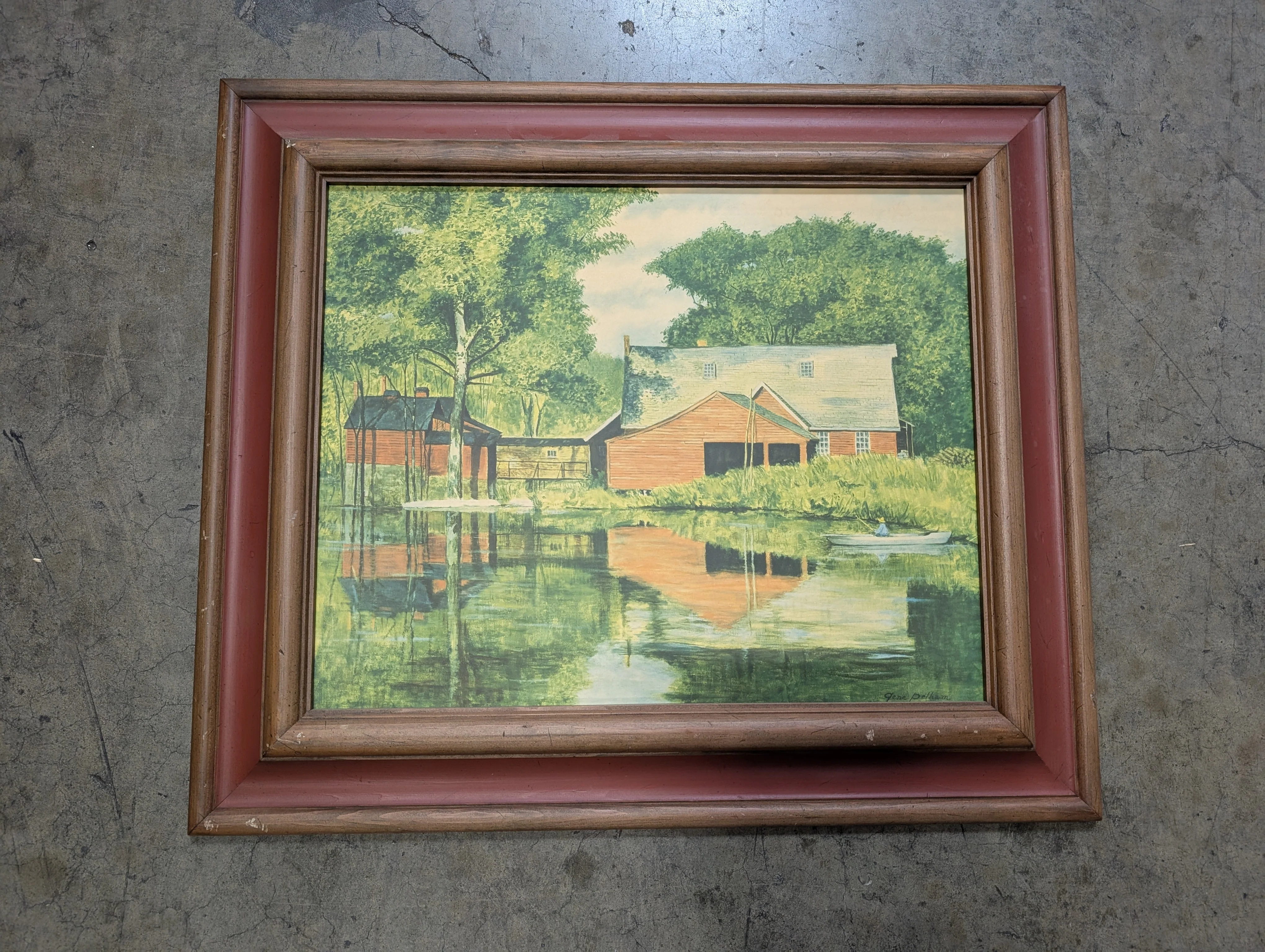 Rustic Barn Lakeside Landscape Art Print in Multi-Tone Frame