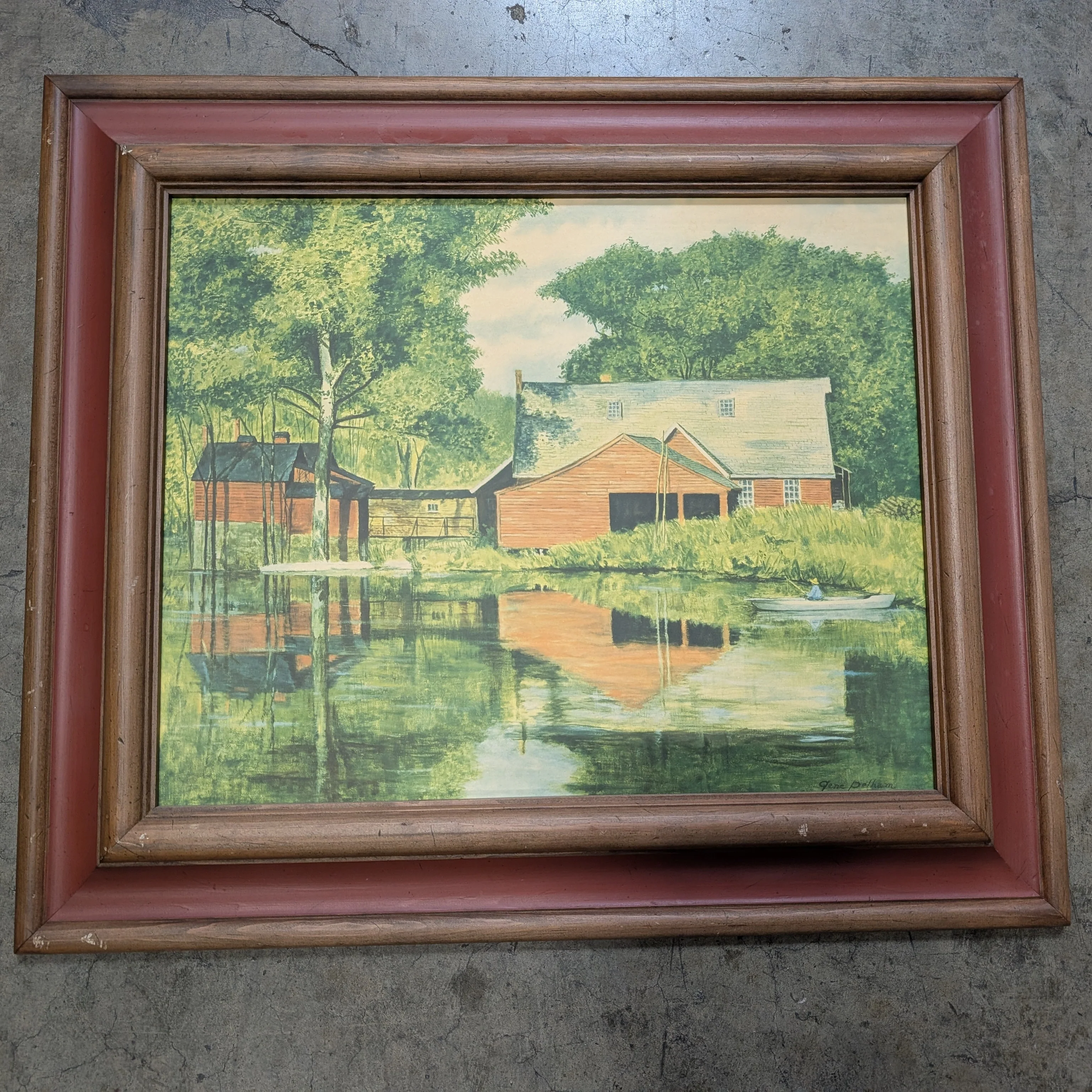 Rustic Barn Lakeside Landscape Art Print in Multi-Tone Frame - Image 2