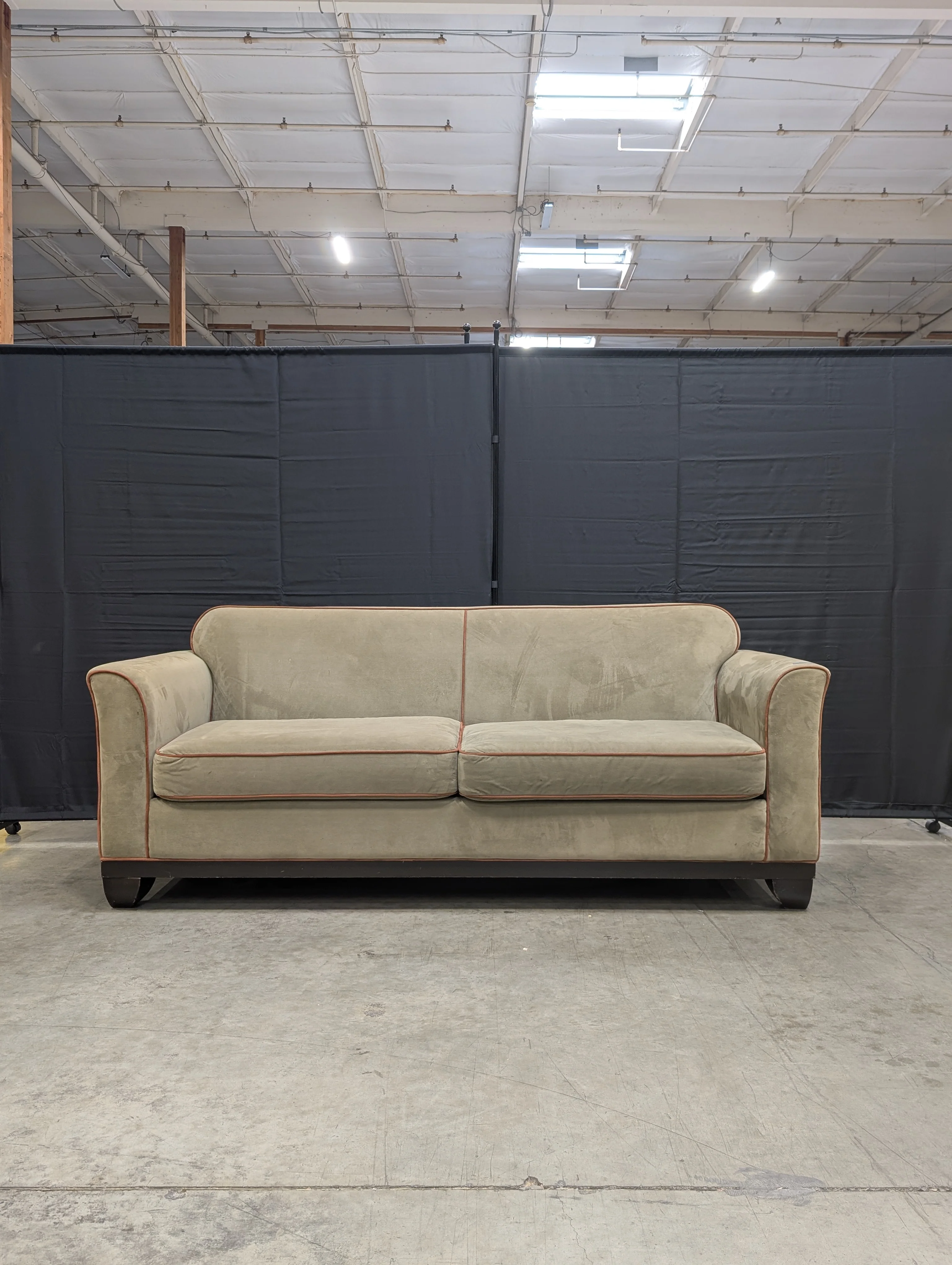 Contemporary Greige Fabric Sofa with Contrasting Red Piping