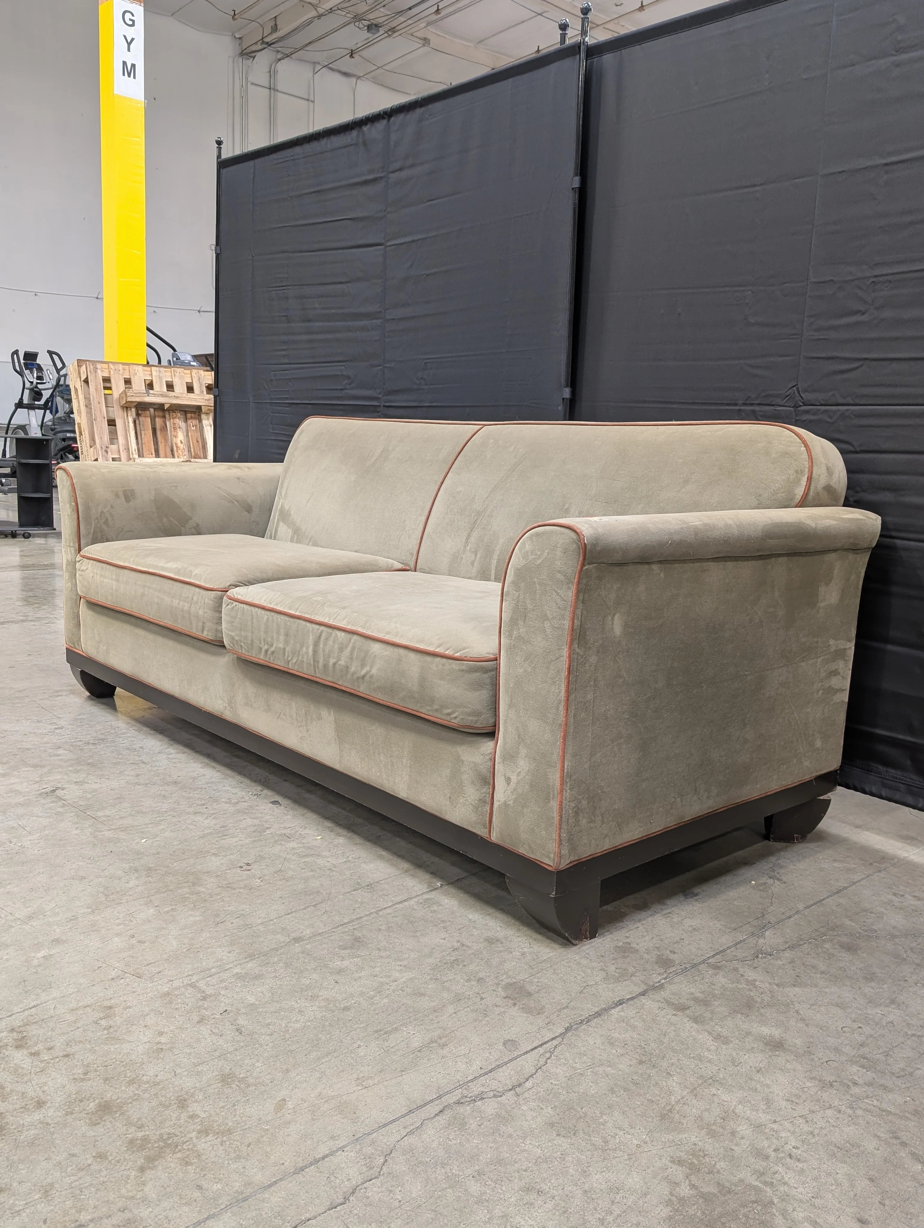 Contemporary Greige Fabric Sofa with Contrasting Red Piping - Image 2