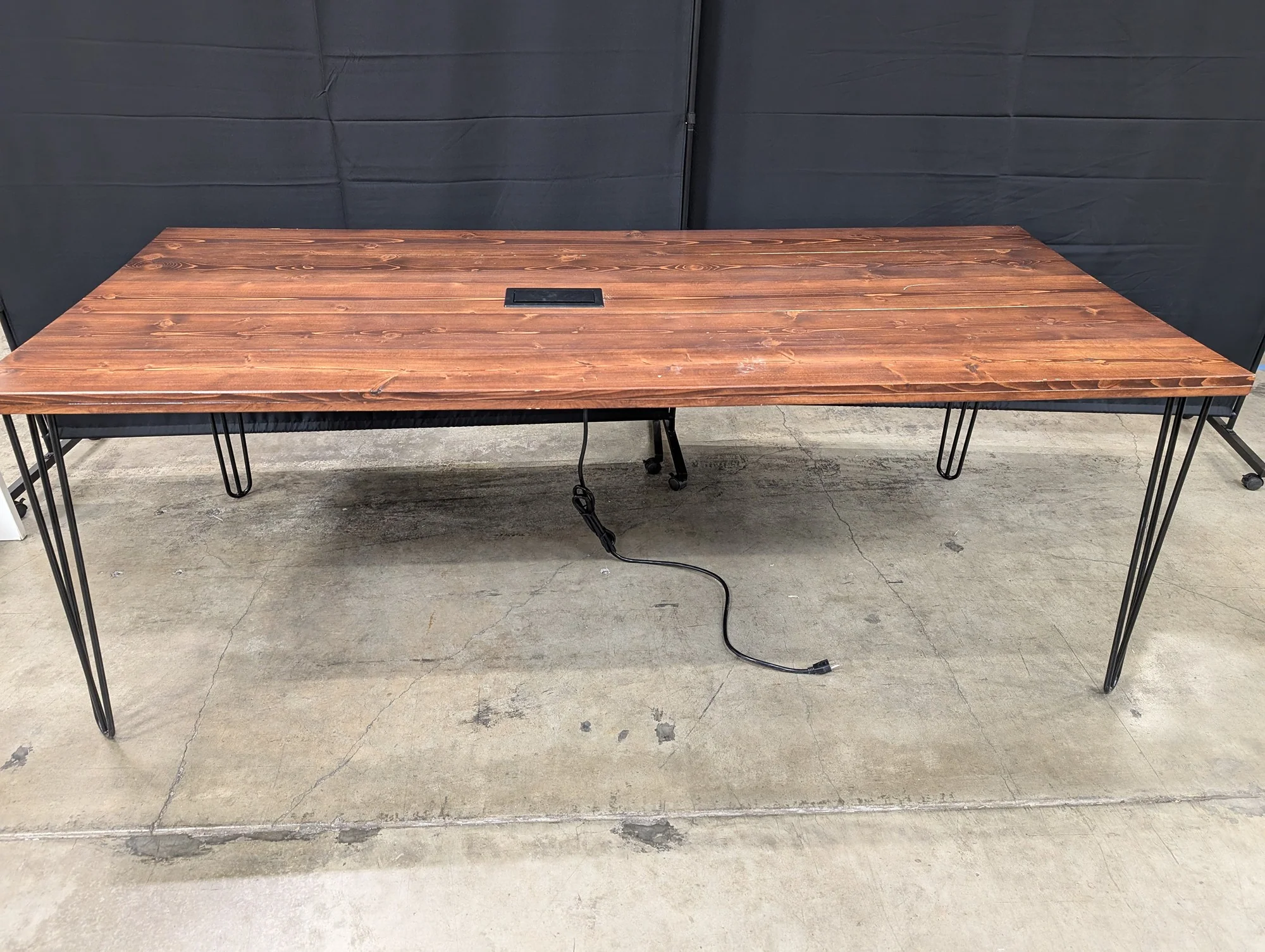 Industrial Wood Plank Desk with Hairpin Legs and Integrated Power Module some damage