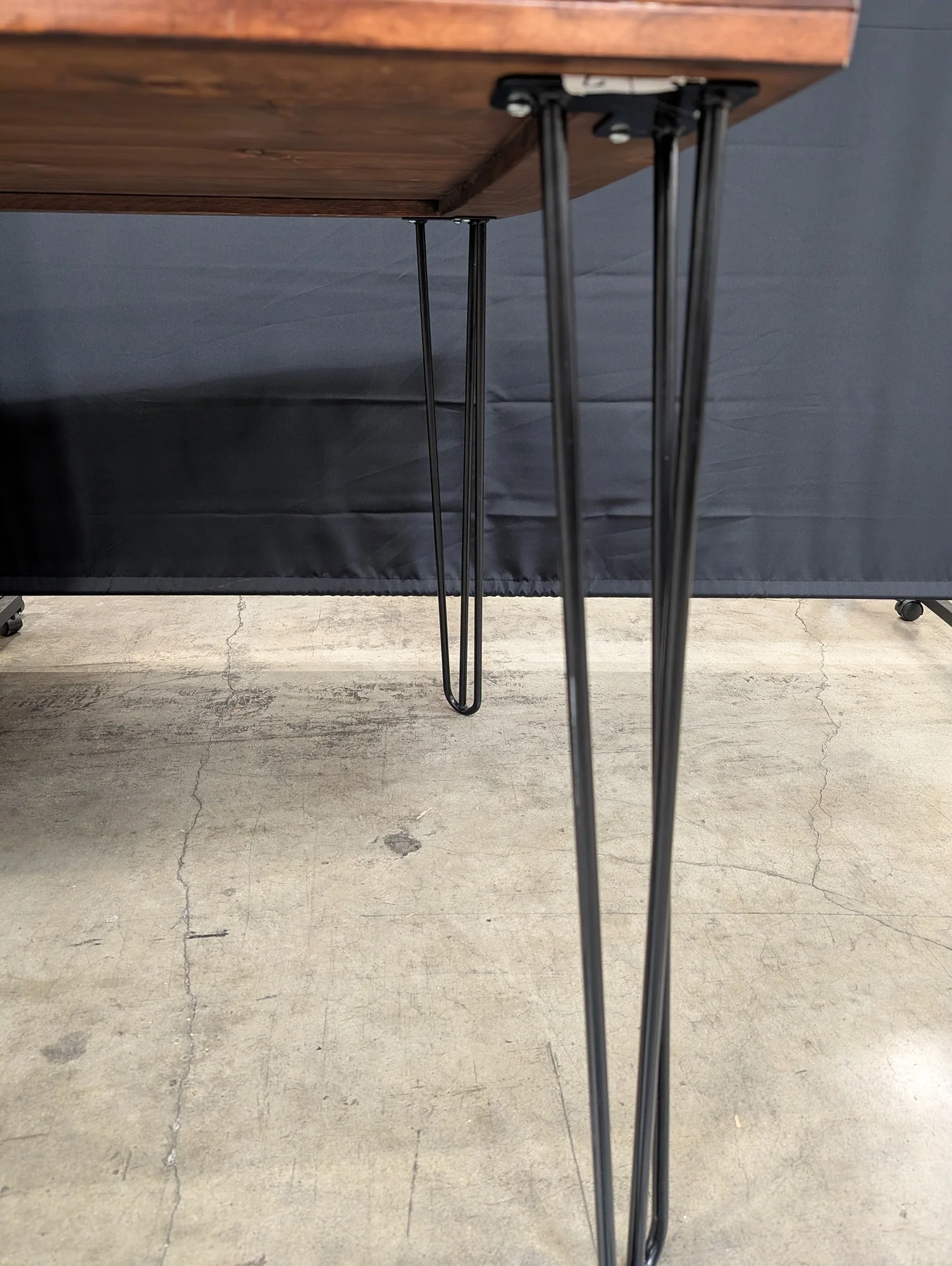 Industrial Wood Plank Desk with Hairpin Legs and Integrated Power Module some damage - Image 2