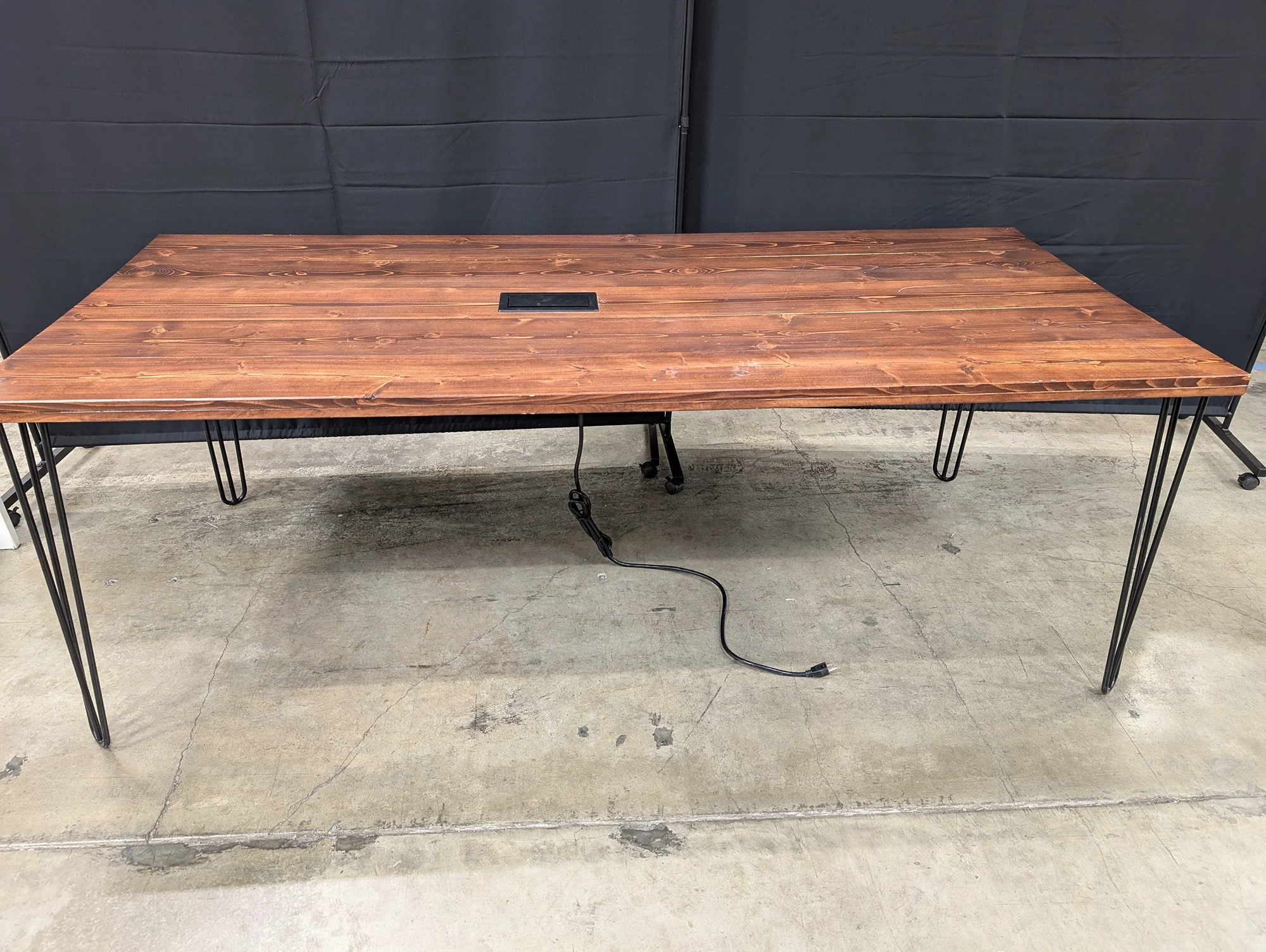 Industrial Wood Plank Desk with Hairpin Legs and Integrated Power Module some damage - Image 5