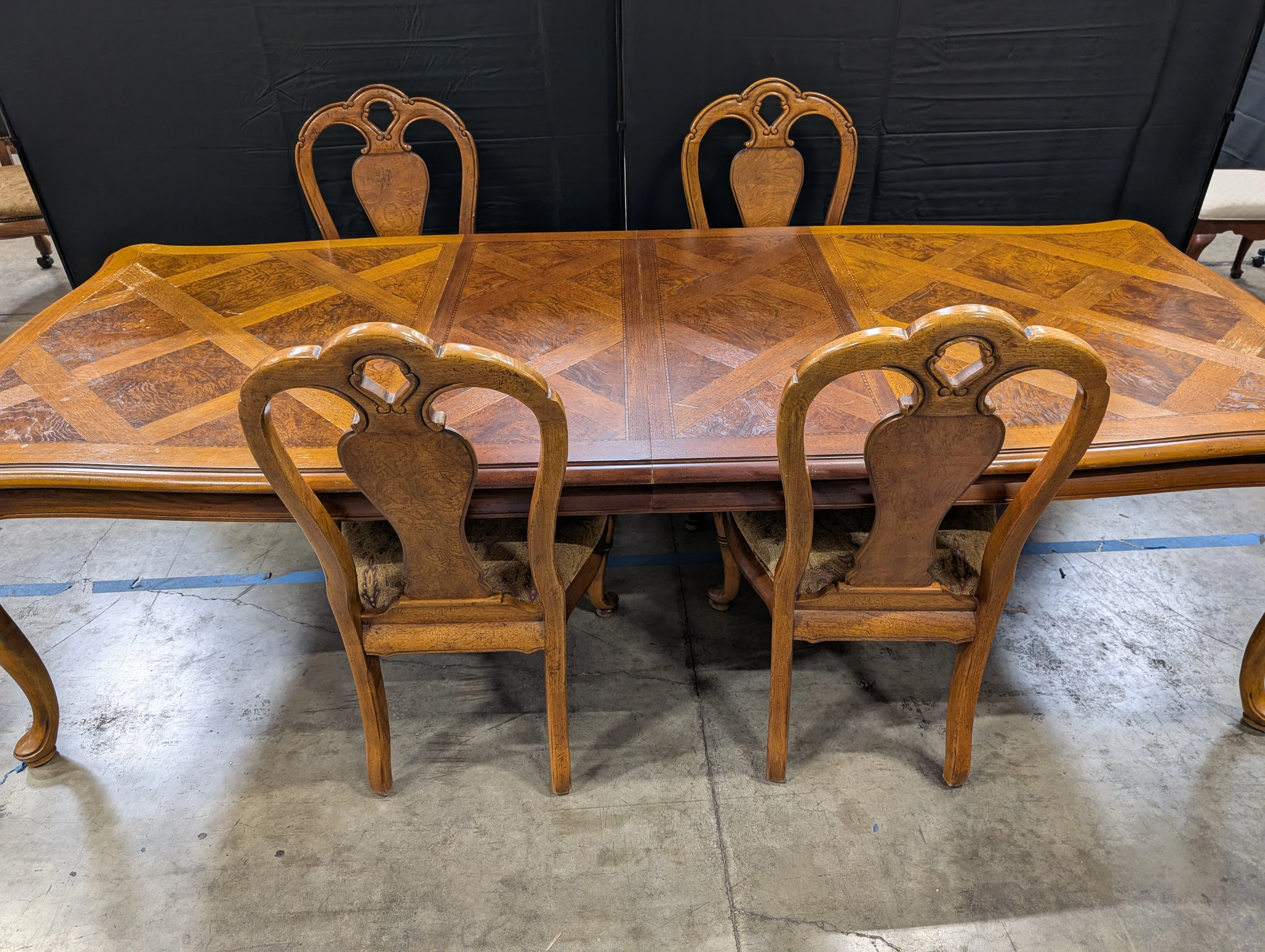Ornate Inlaid Wood Thomasville Dining Table with Matching Chairs
