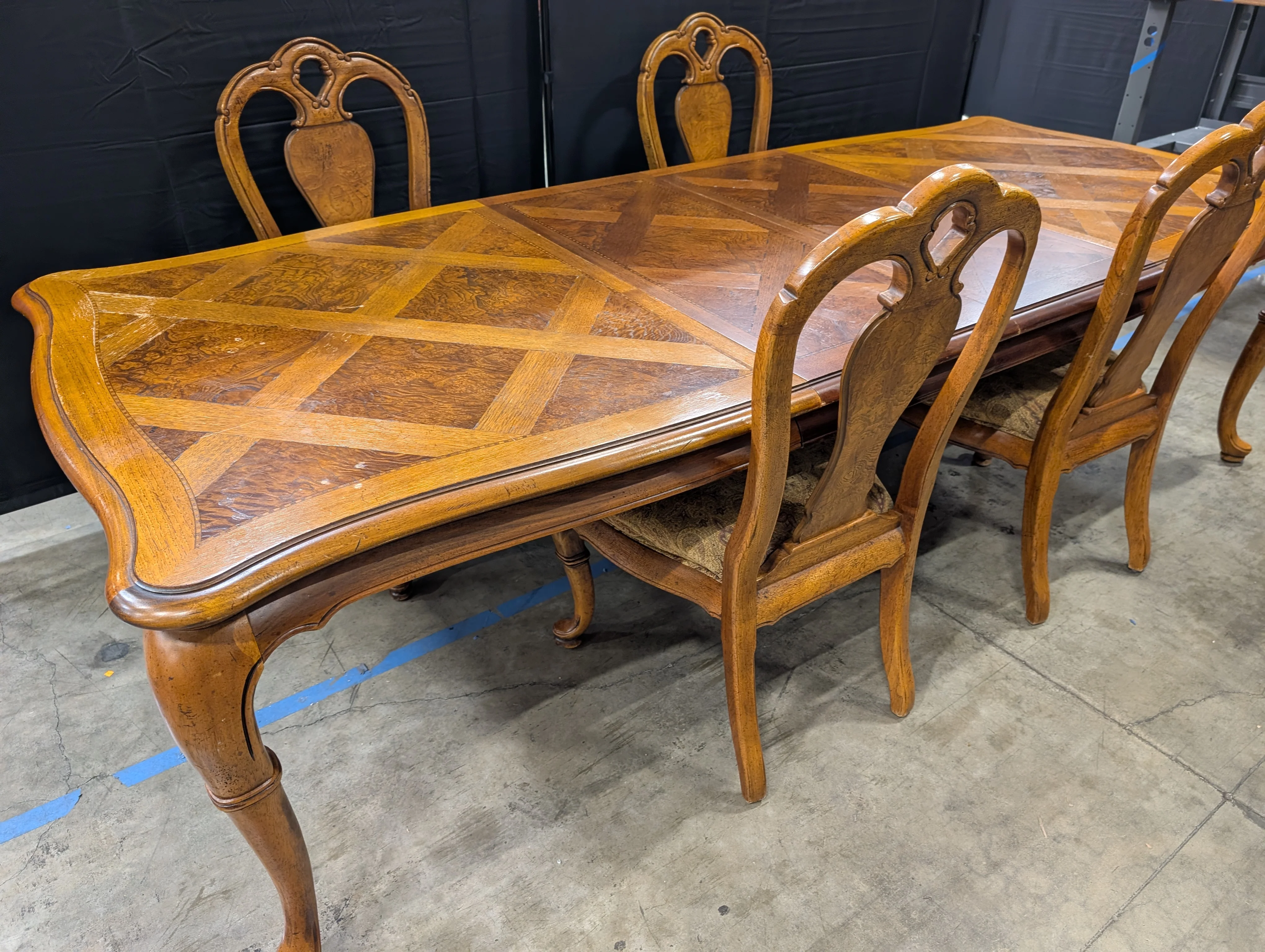 Ornate Inlaid Wood Thomasville Dining Table with Matching Chairs - Image 3
