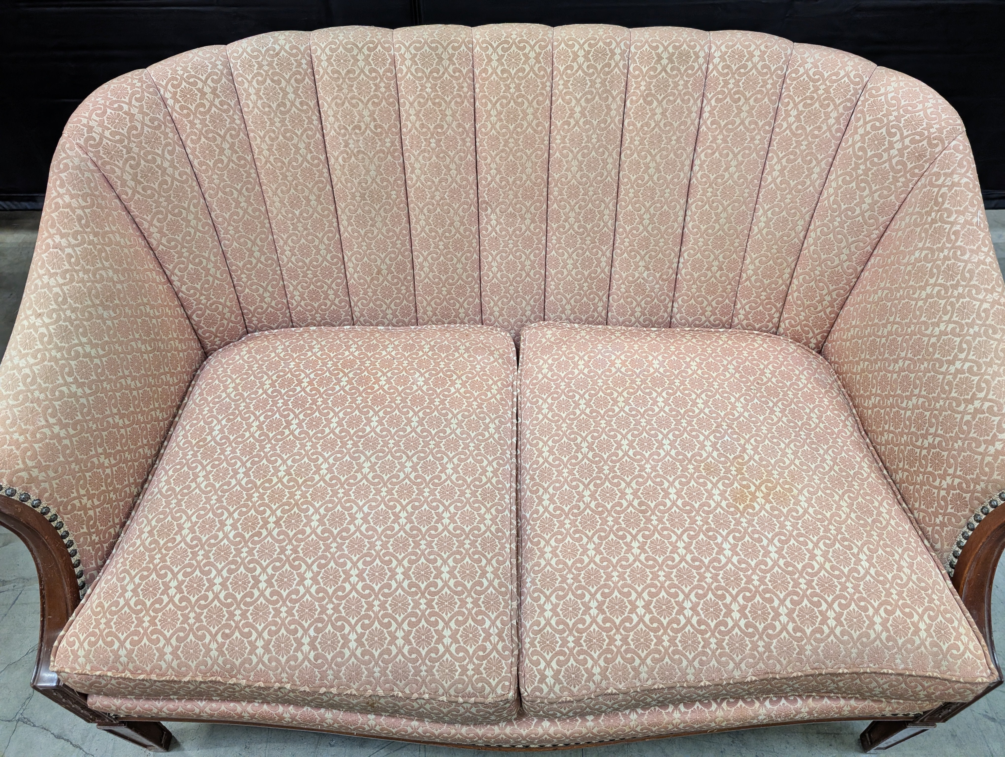 Poor condition Traditional Patterned Fabric Two-Seater Sofa with Wood Frame - Image 4