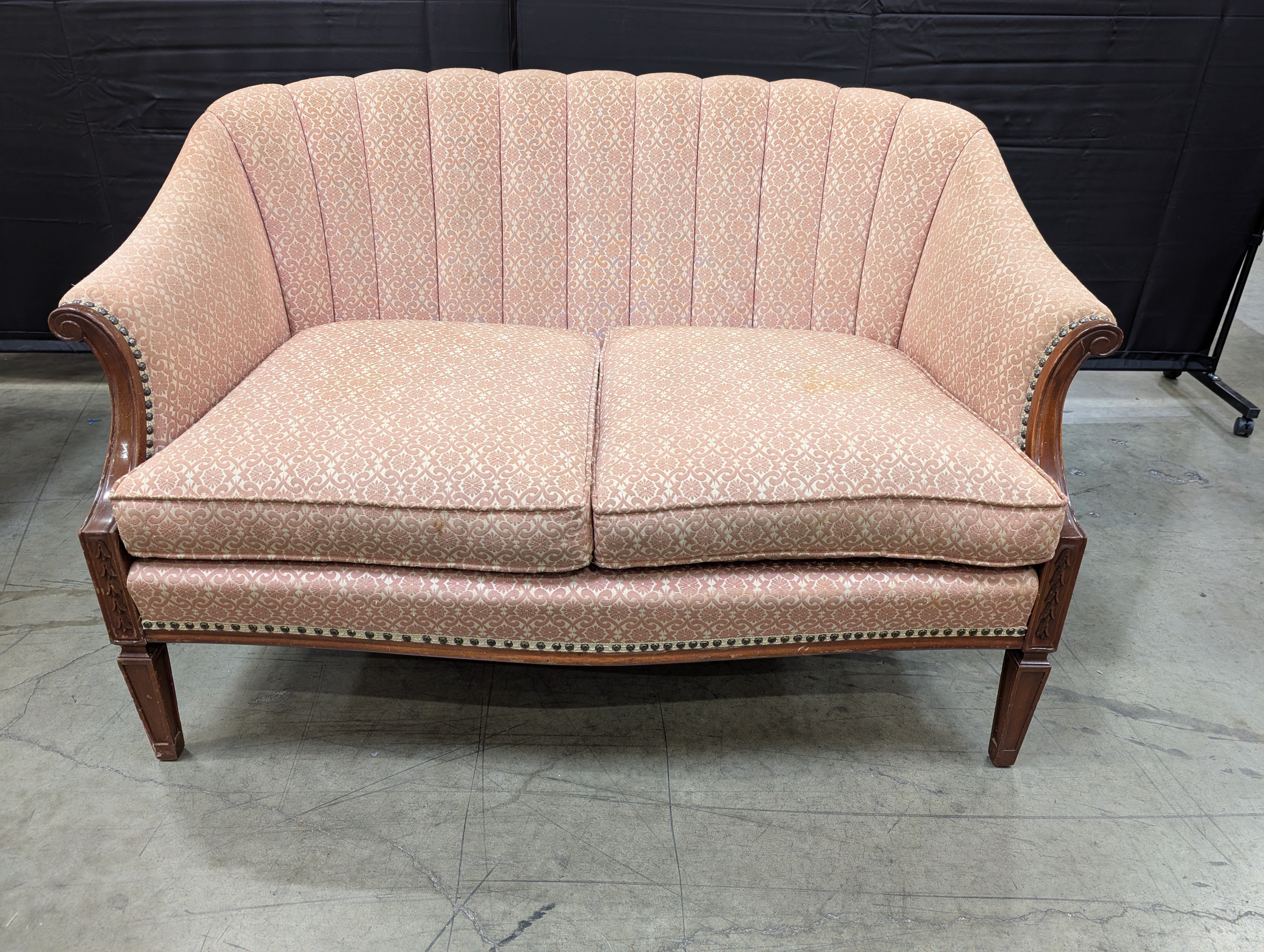 Poor condition Traditional Patterned Fabric Two-Seater Sofa with Wood Frame - Image 6
