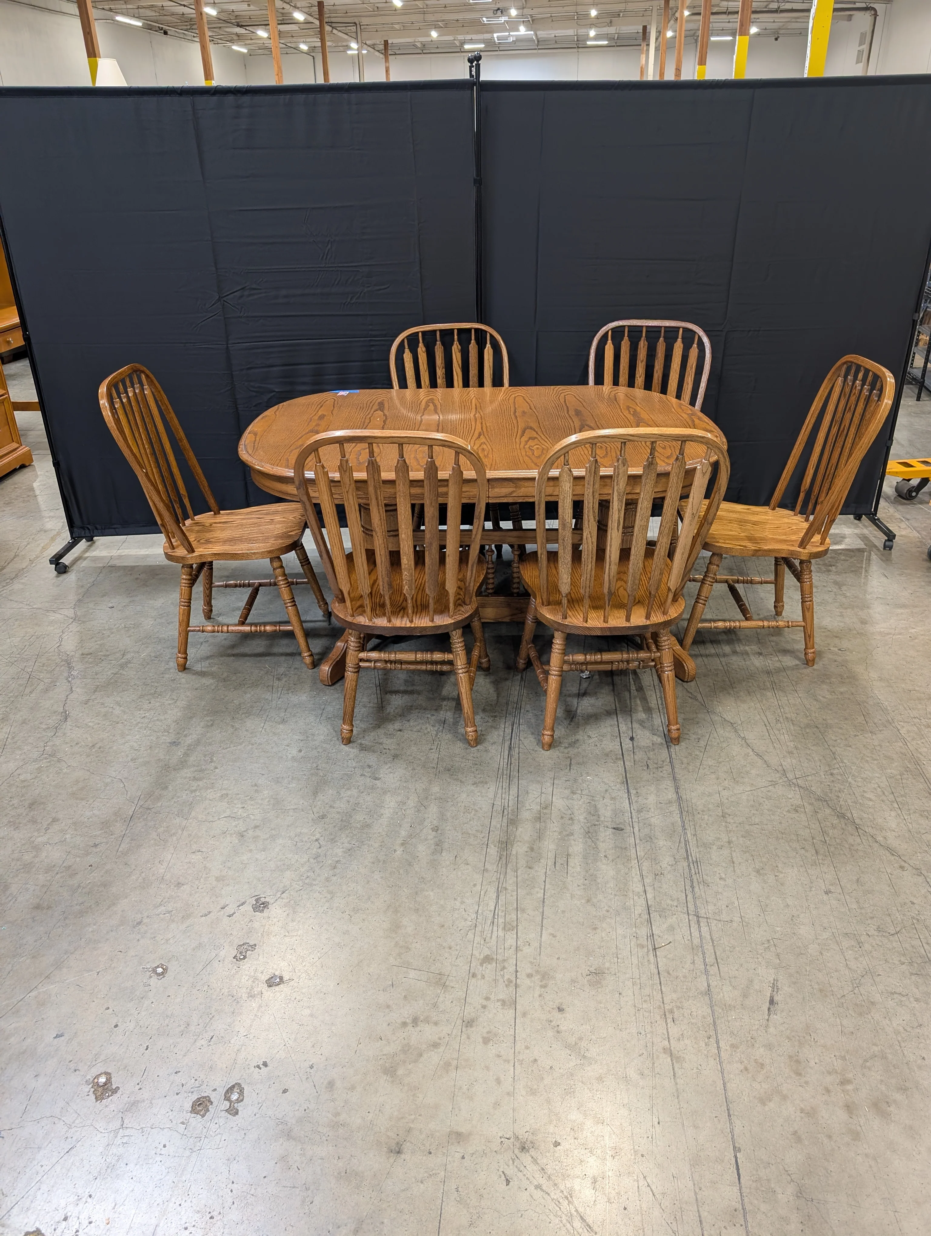 Oak Finish Dining Table with Six Spindle Back Chairs