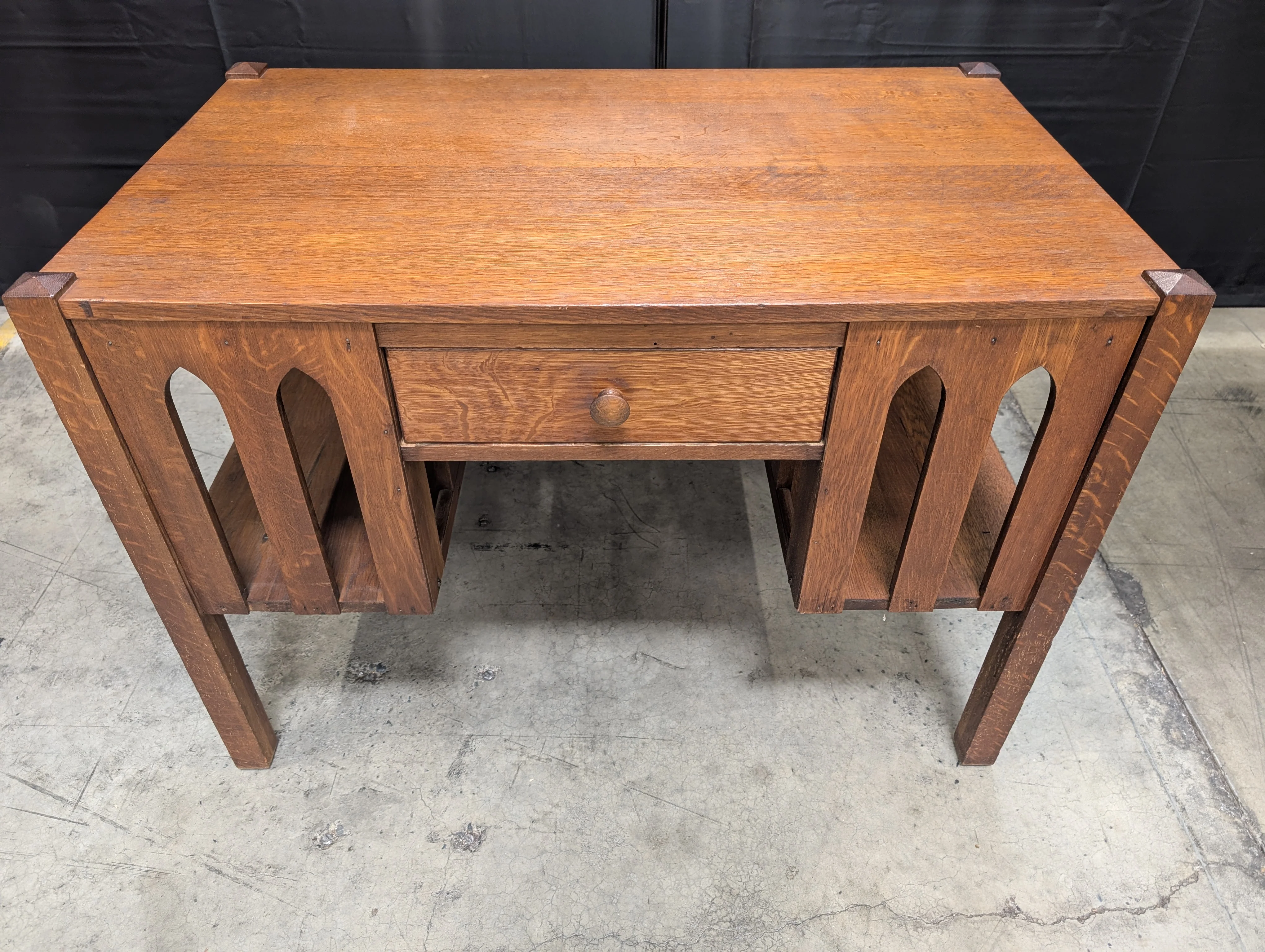 Vintage Dark Stained Wood Writing Desk with Arched Side Panels - Image 3