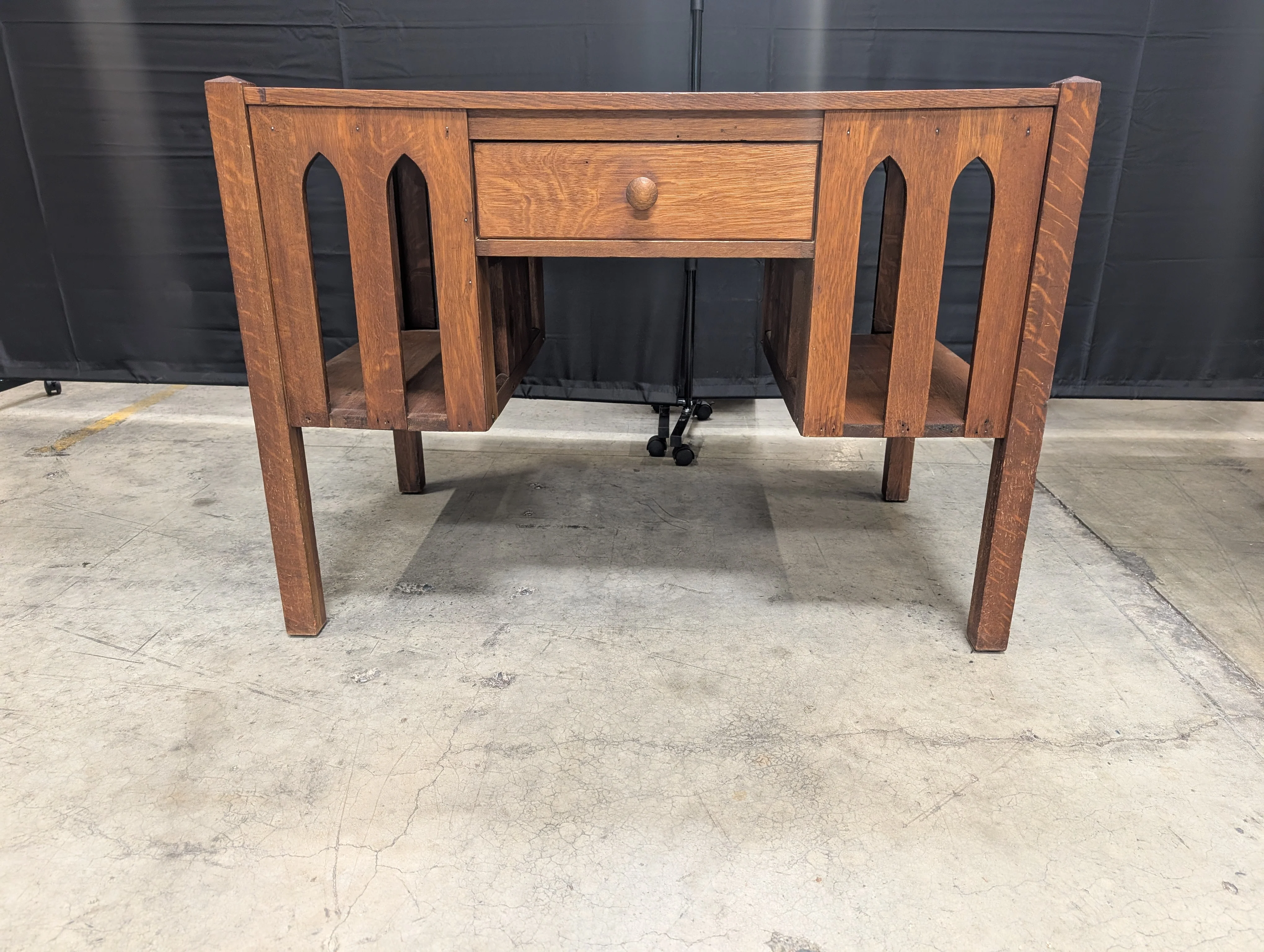 Vintage Dark Stained Wood Writing Desk with Arched Side Panels - Image 4