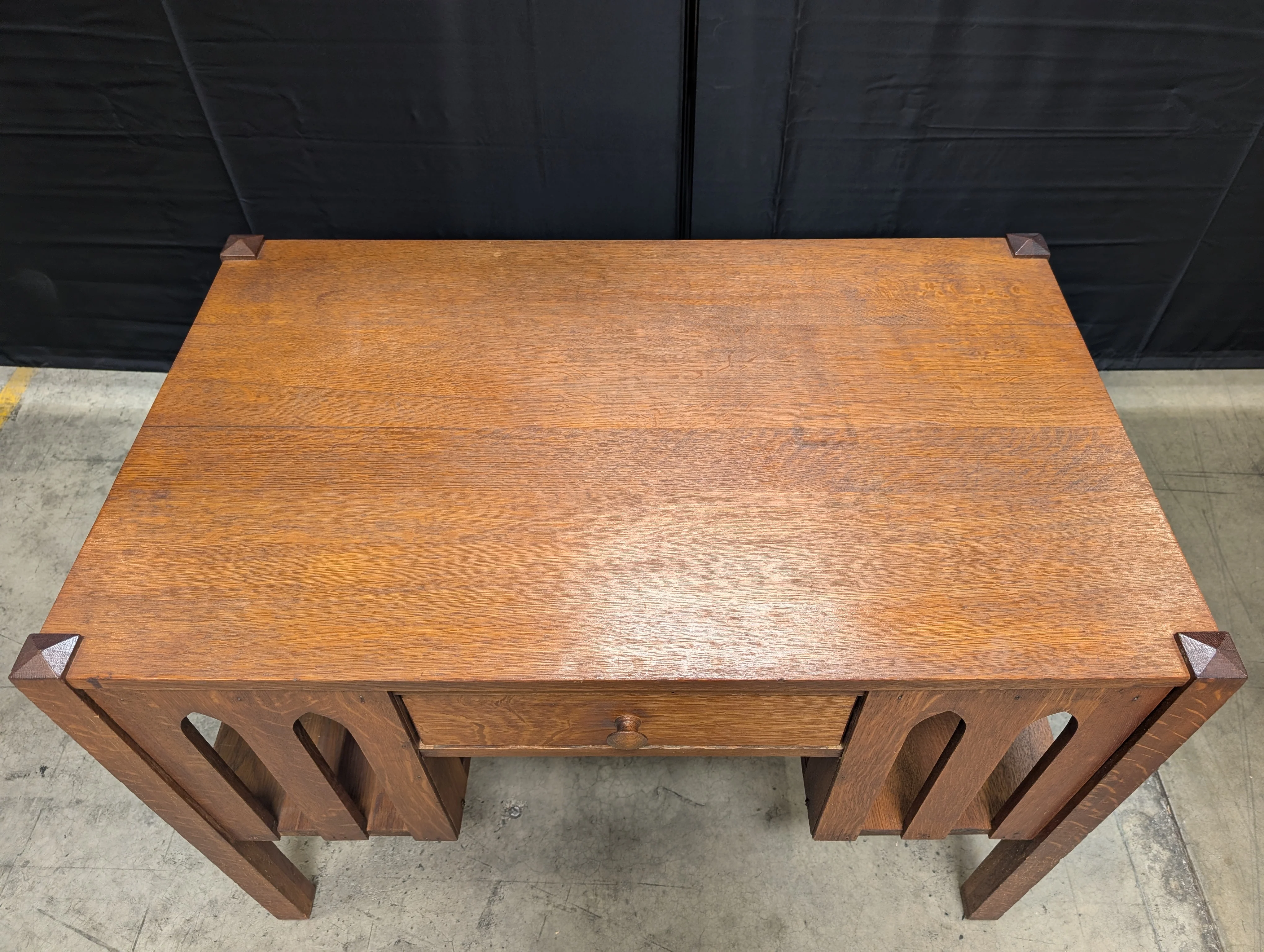 Vintage Dark Stained Wood Writing Desk with Arched Side Panels - Image 5
