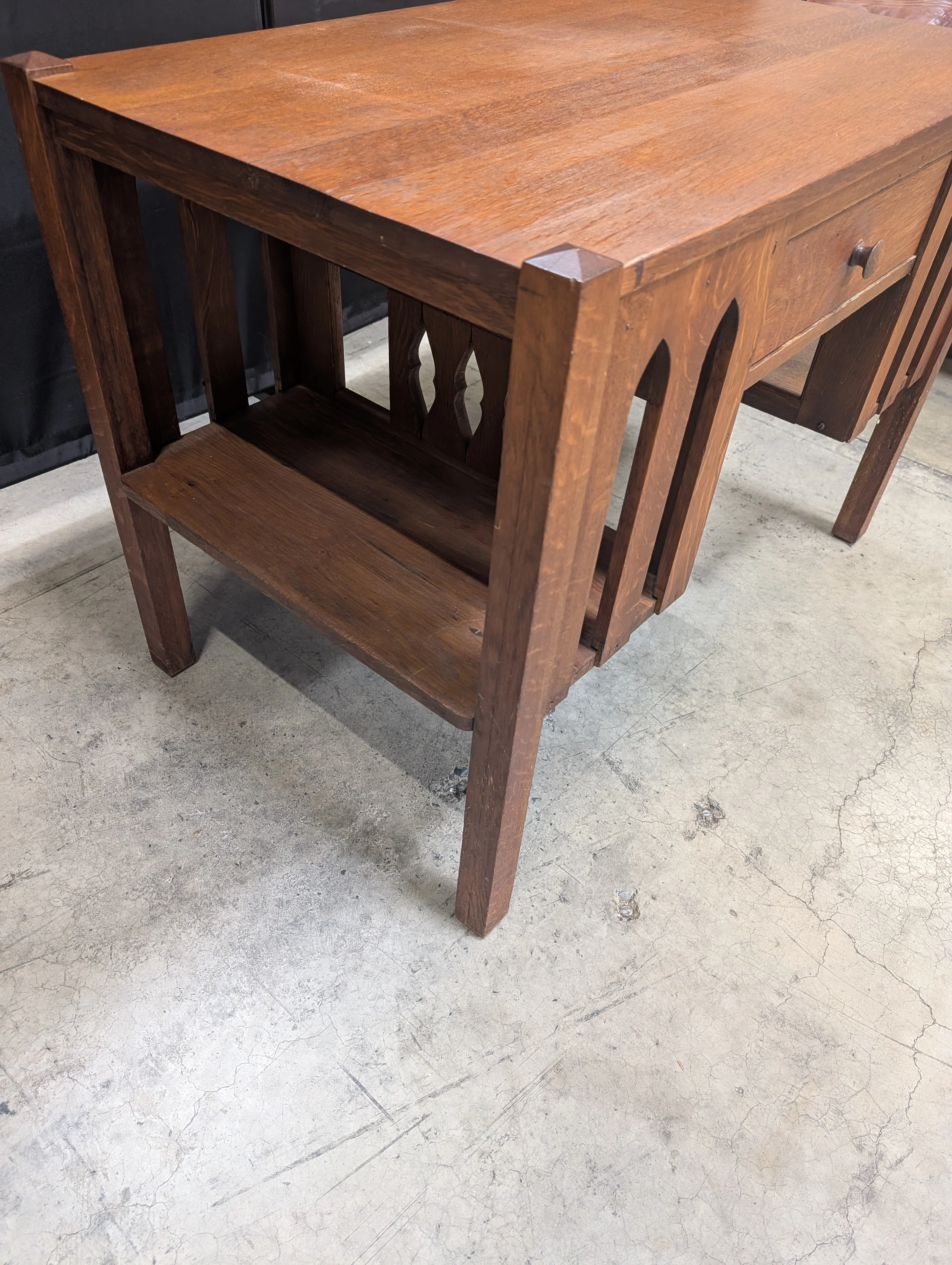 Vintage Dark Stained Wood Writing Desk with Arched Side Panels - Image 6