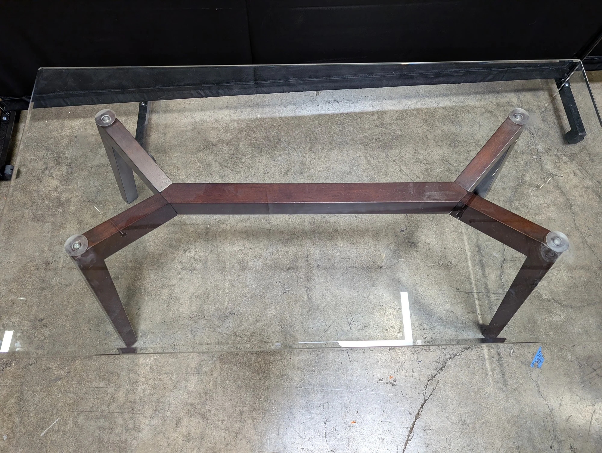 Mid-Century Modern Style Glass Top Coffee Table with Dark Wood X-Base - Image 2
