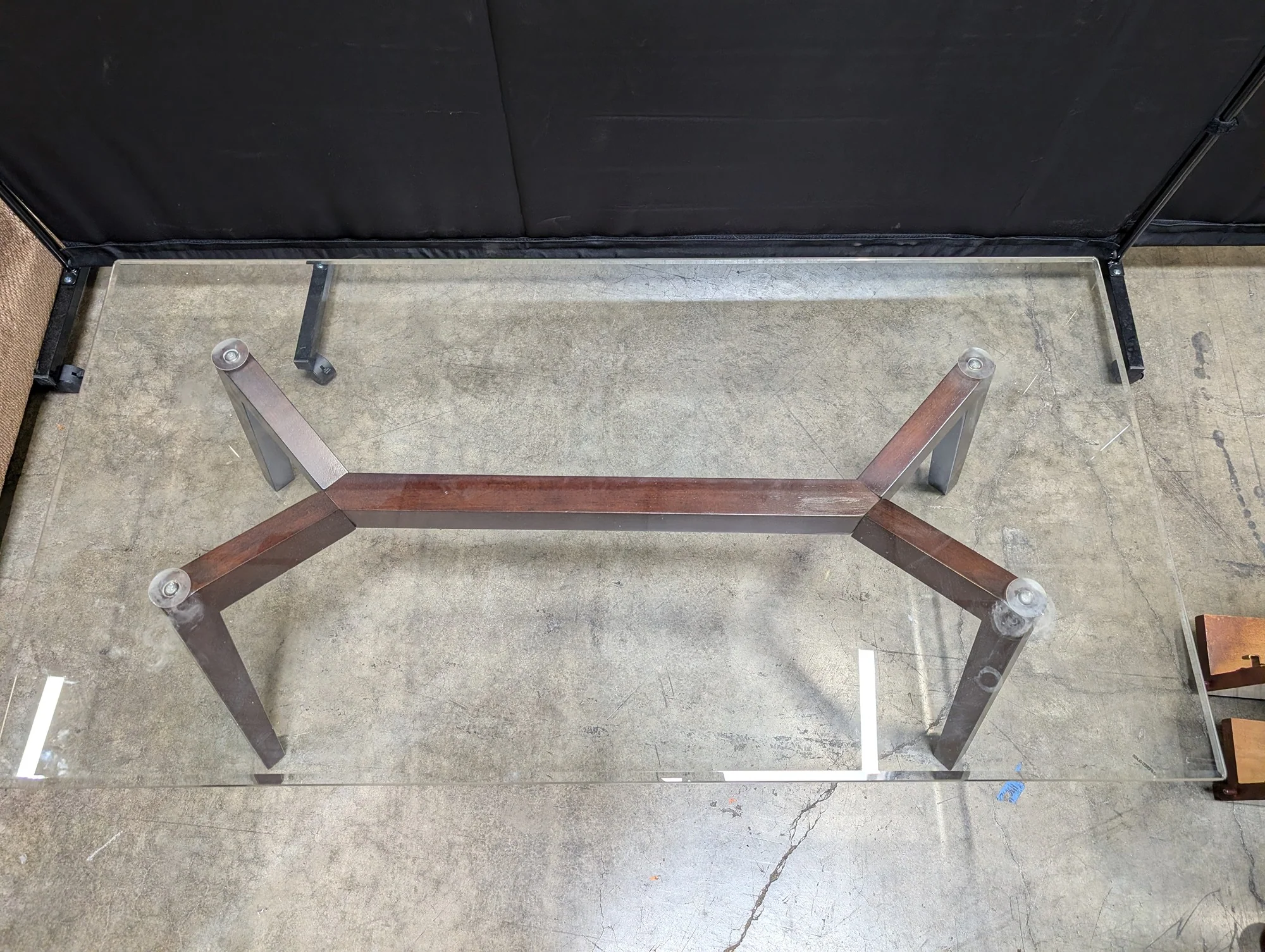 Mid-Century Modern Style Glass Top Coffee Table with Dark Wood X-Base - Image 3