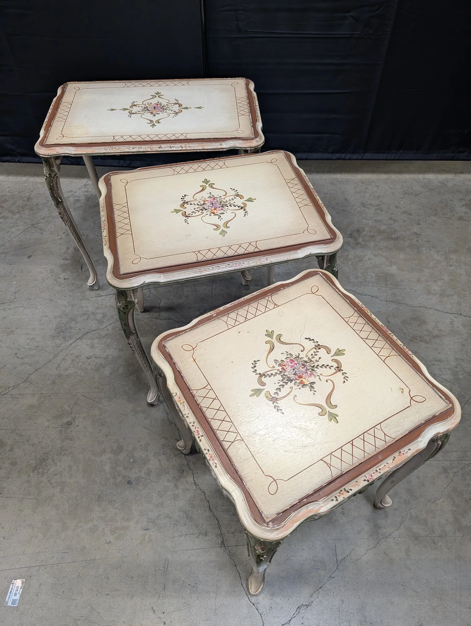 Vintage French Provincial Hand-Painted Floral Nesting Tables Set