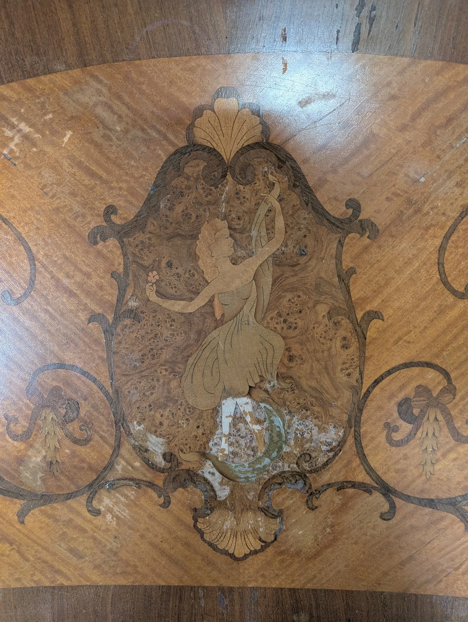 Ornate Inlaid Wood Kidney-Shaped Coffee Table with Figural Marquetry - Image 4