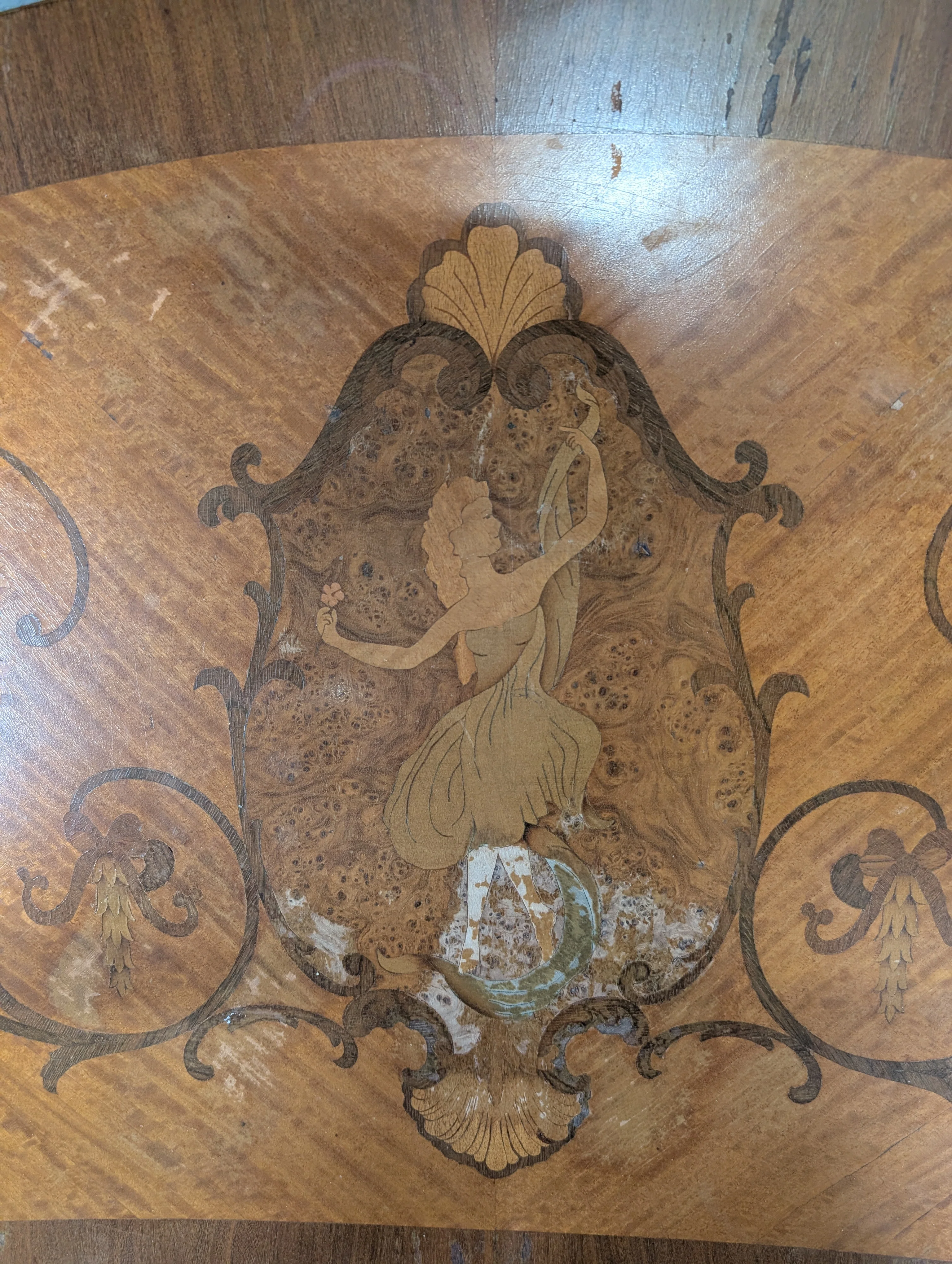 Ornate Inlaid Wood Kidney-Shaped Coffee Table with Figural Marquetry - Image 5