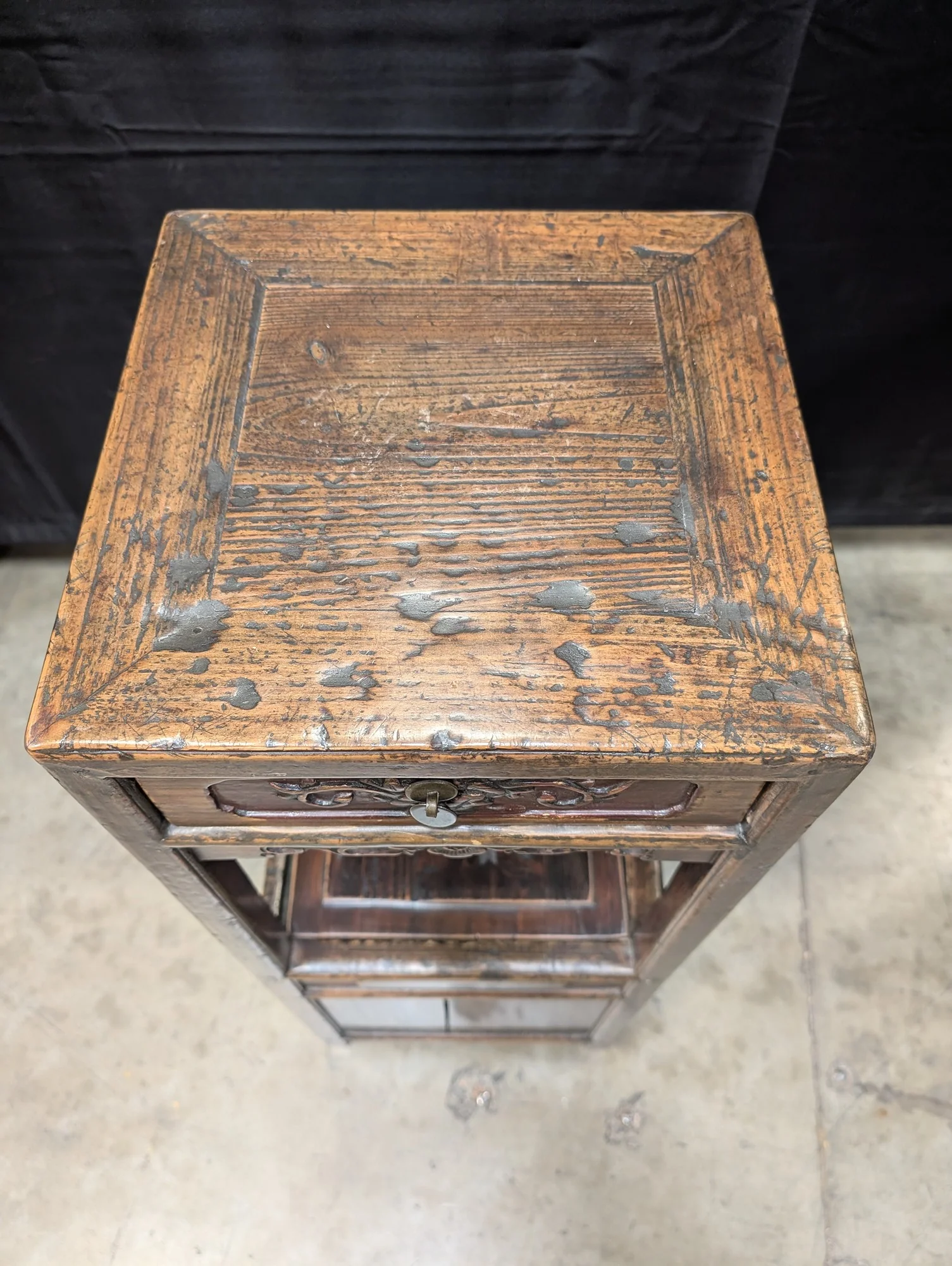 Rustic Asian Hardwood Display Stand with Drawer and Cabinet - Image 4