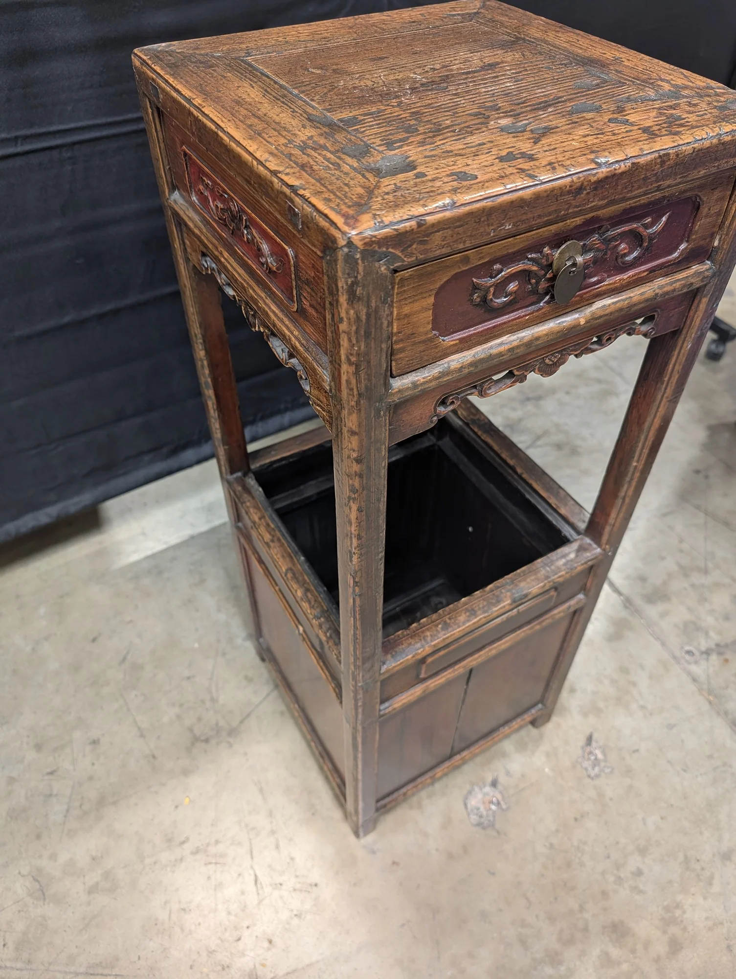 Rustic Asian Hardwood Display Stand with Drawer and Cabinet - Image 5