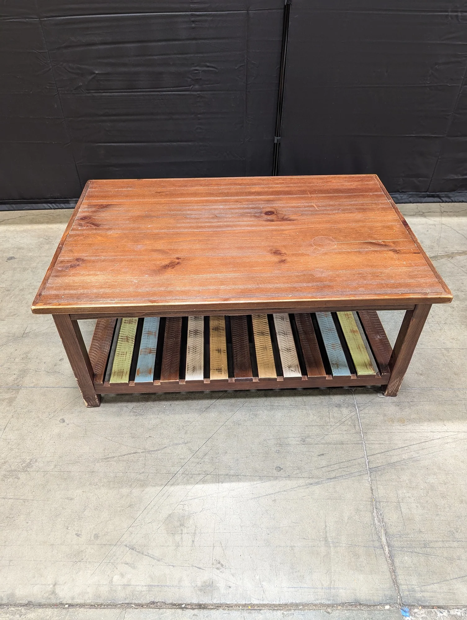 Rustic Wood Coffee Table with Multi-Color Slatted Shelf - Image 2