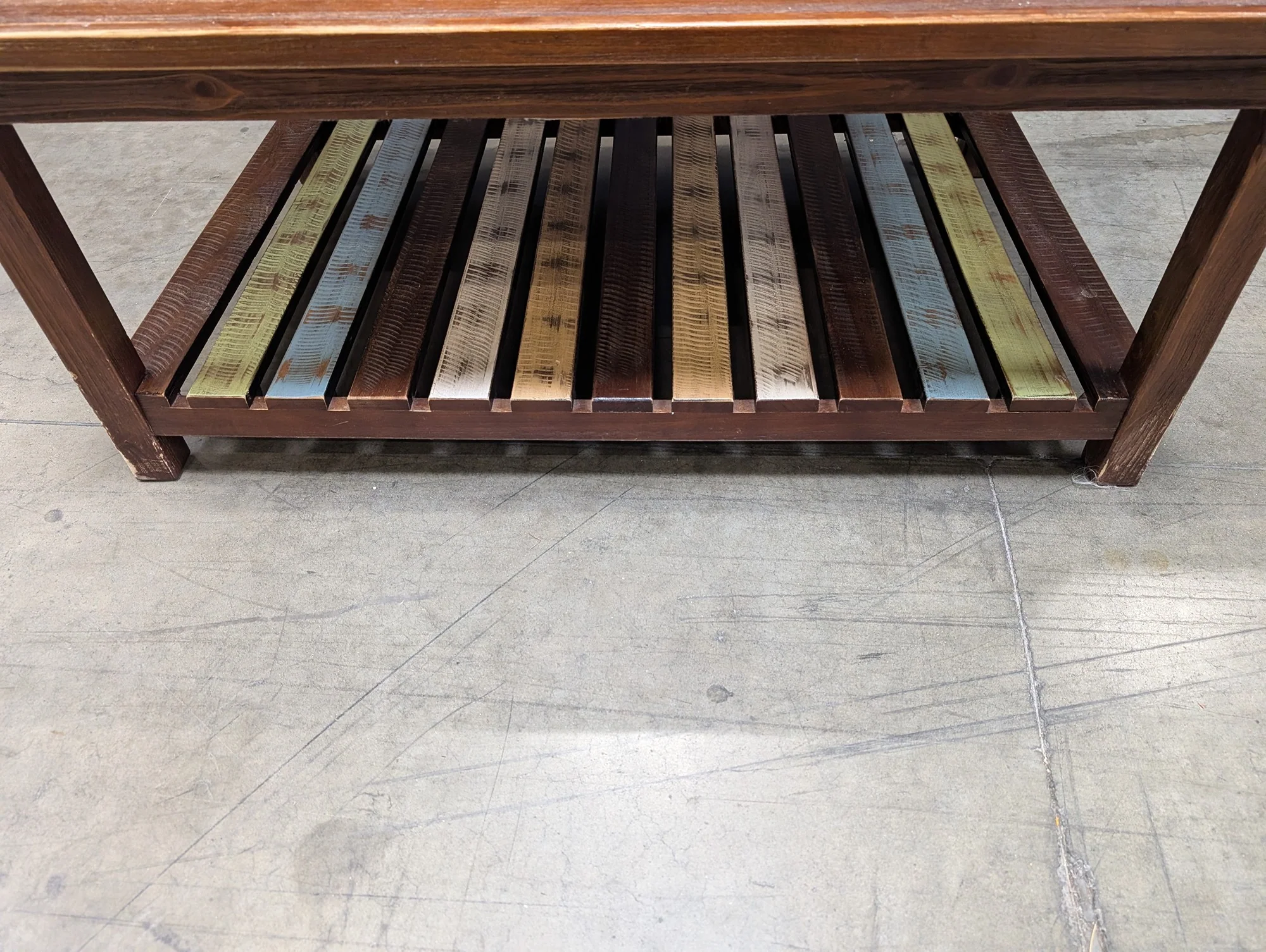 Rustic Wood Coffee Table with Multi-Color Slatted Shelf - Image 3