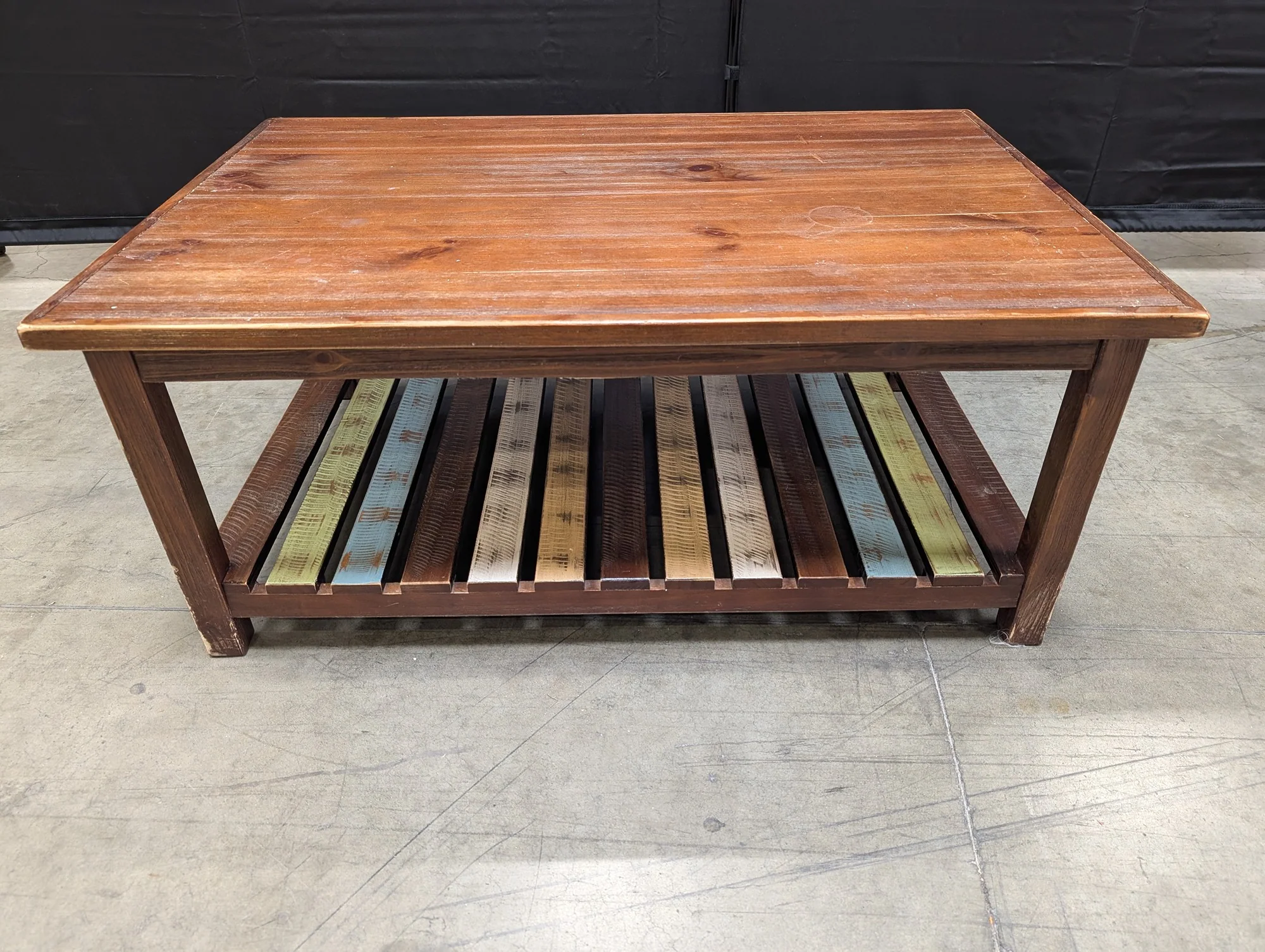 Rustic Wood Coffee Table with Multi-Color Slatted Shelf - Image 4
