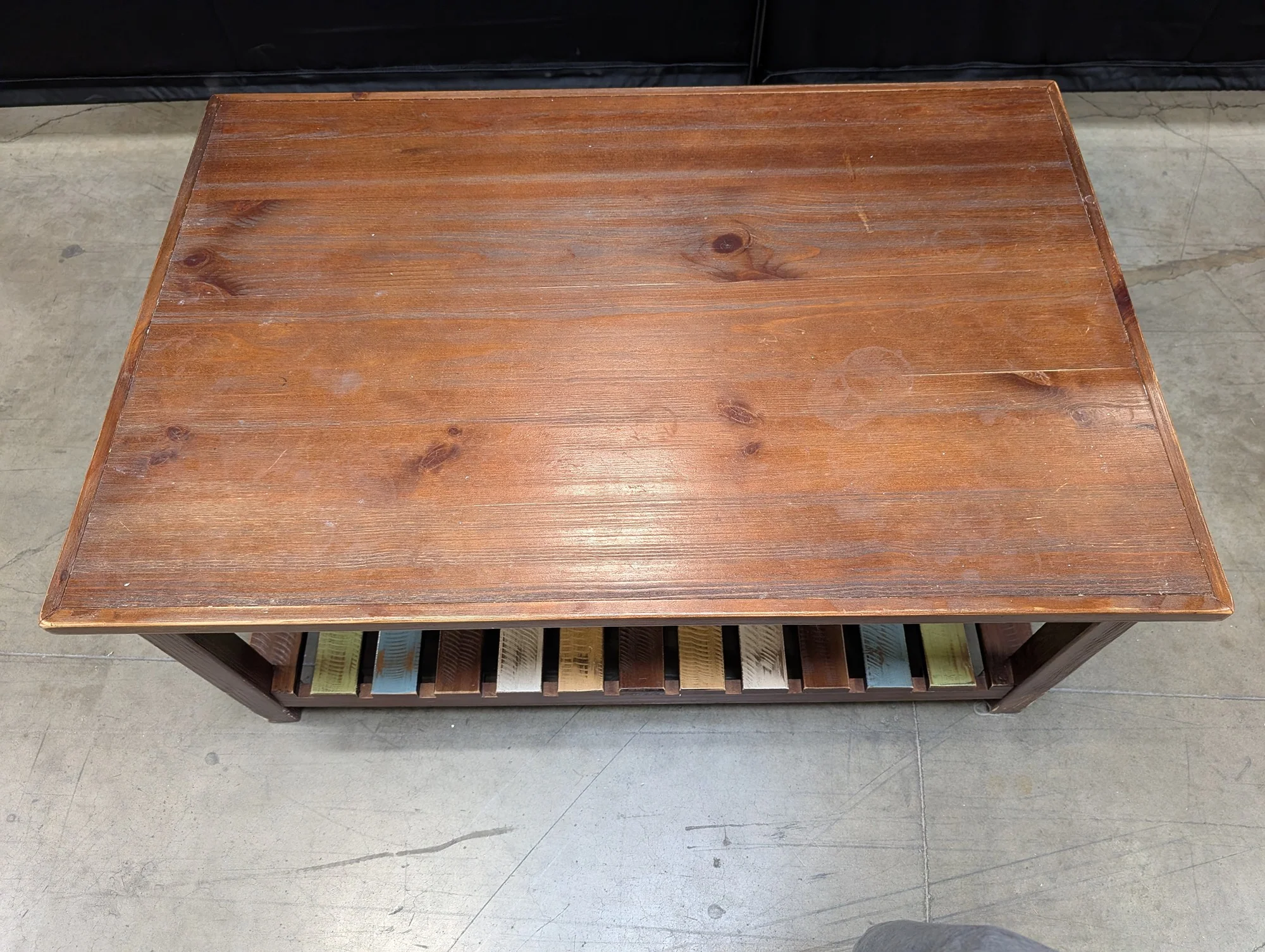 Rustic Wood Coffee Table with Multi-Color Slatted Shelf - Image 5