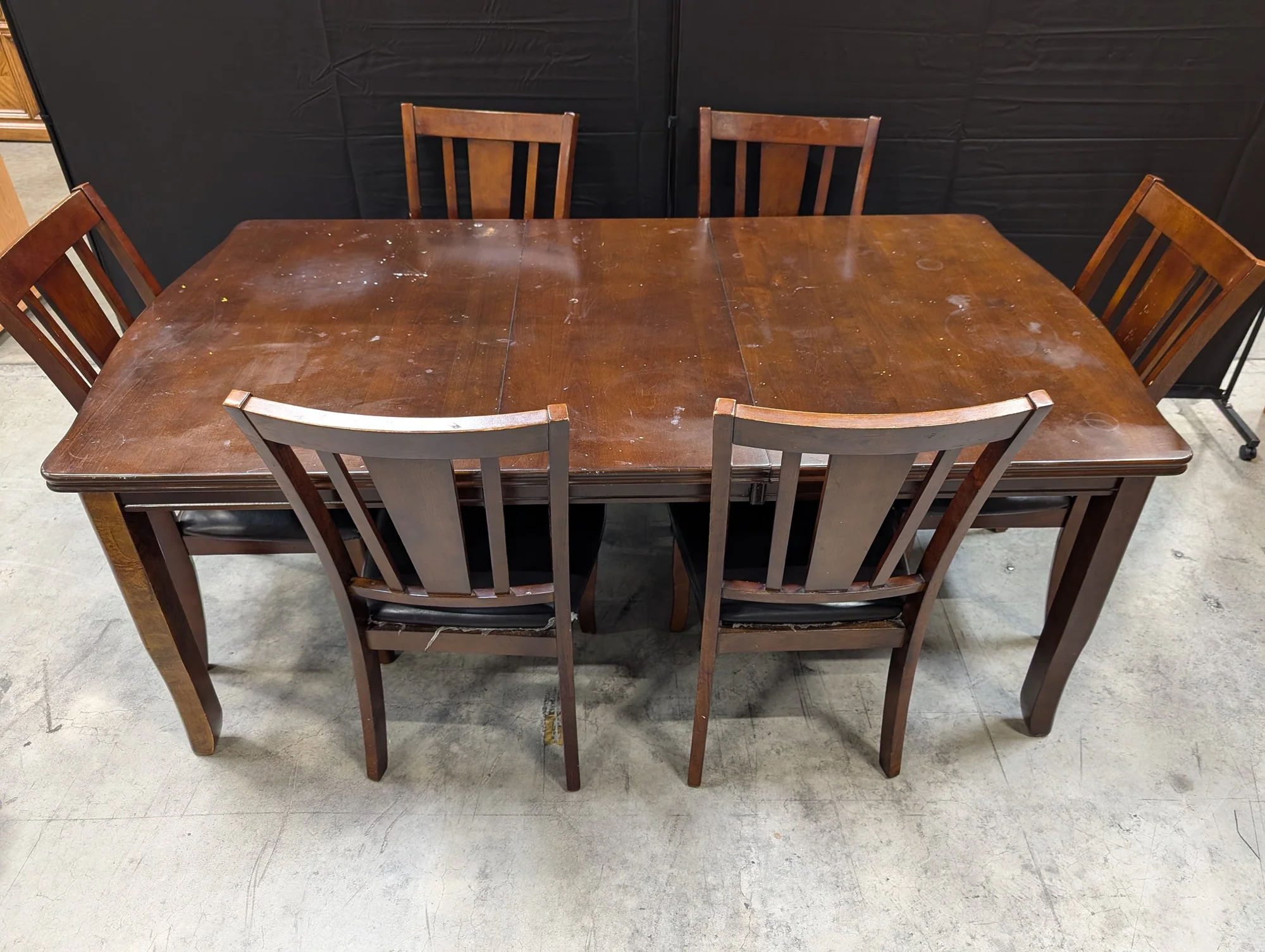 Used Dark Brown Wood Dining Table with Six Slat Back Chairs