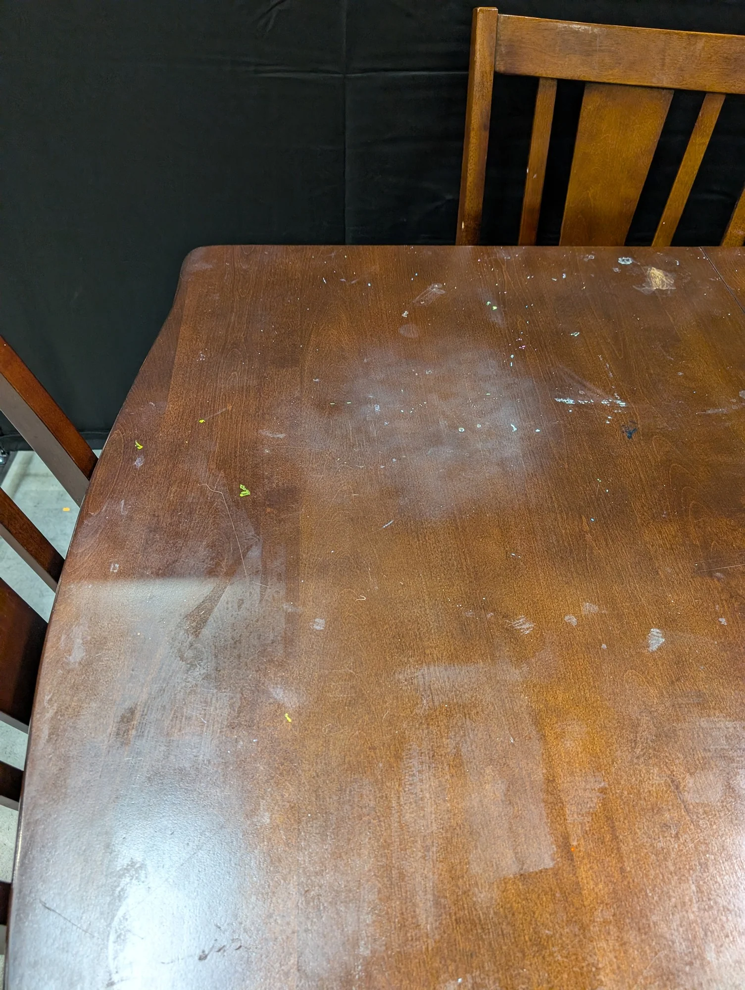 Used Dark Brown Wood Dining Table with Six Slat Back Chairs - Image 2