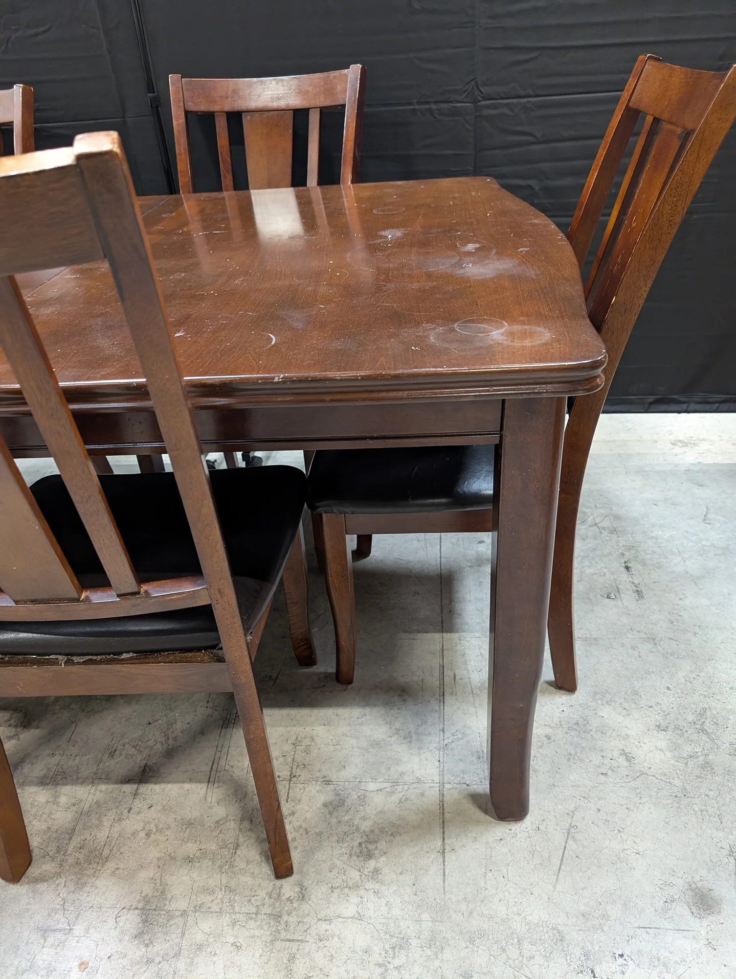 Used Dark Brown Wood Dining Table with Six Slat Back Chairs - Image 3