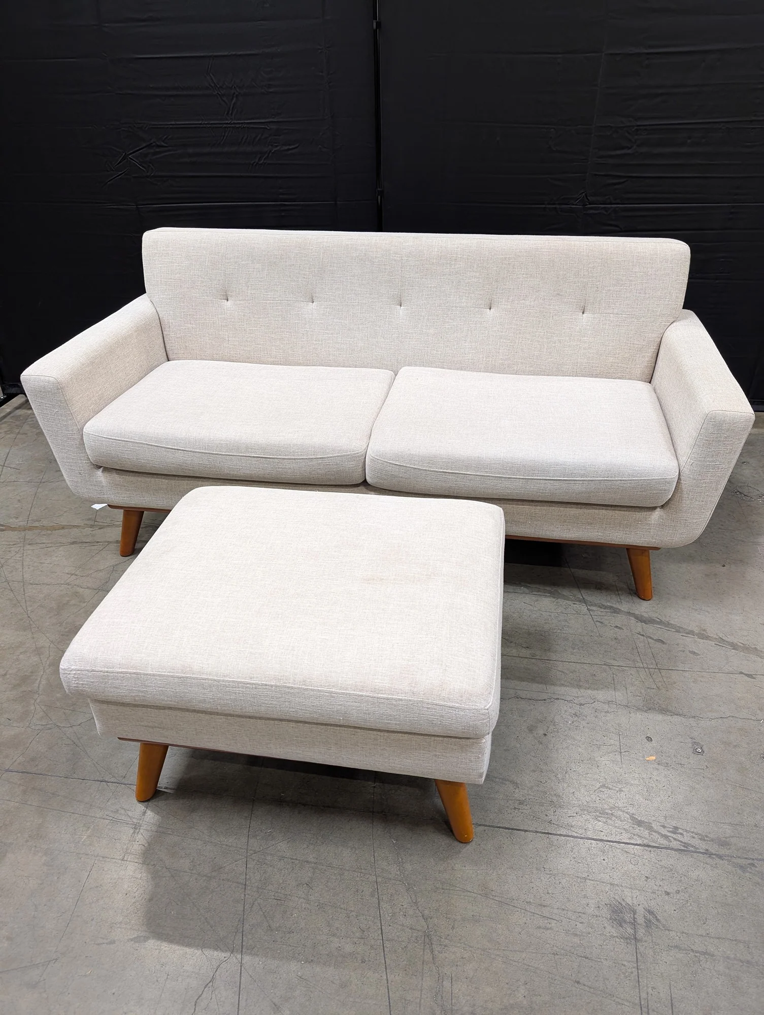 Mid-Century Modern Inspired Beige Fabric Sofa and Ottoman Set - Image 2