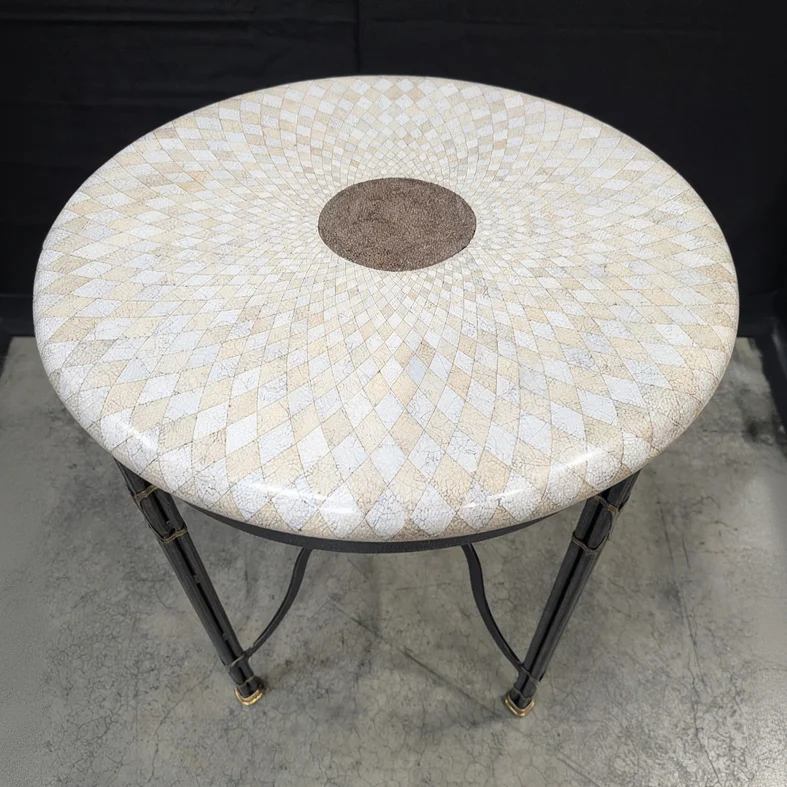 Handmade Geometric Inlay Accent Table with Wrought Iron Base - Image 2