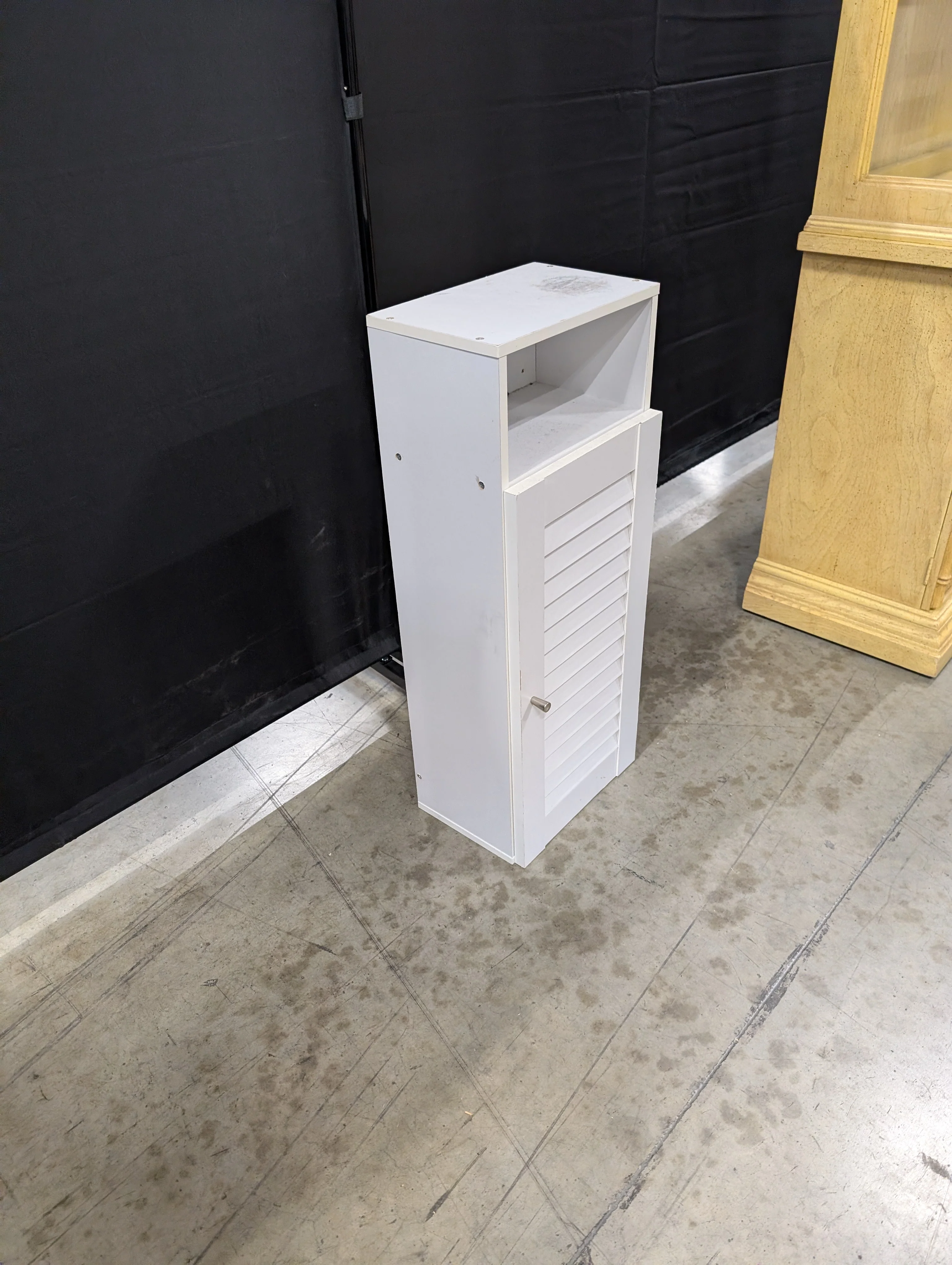 Compact White Louvered Door Storage Cabinet with Open Shelf - Image 2