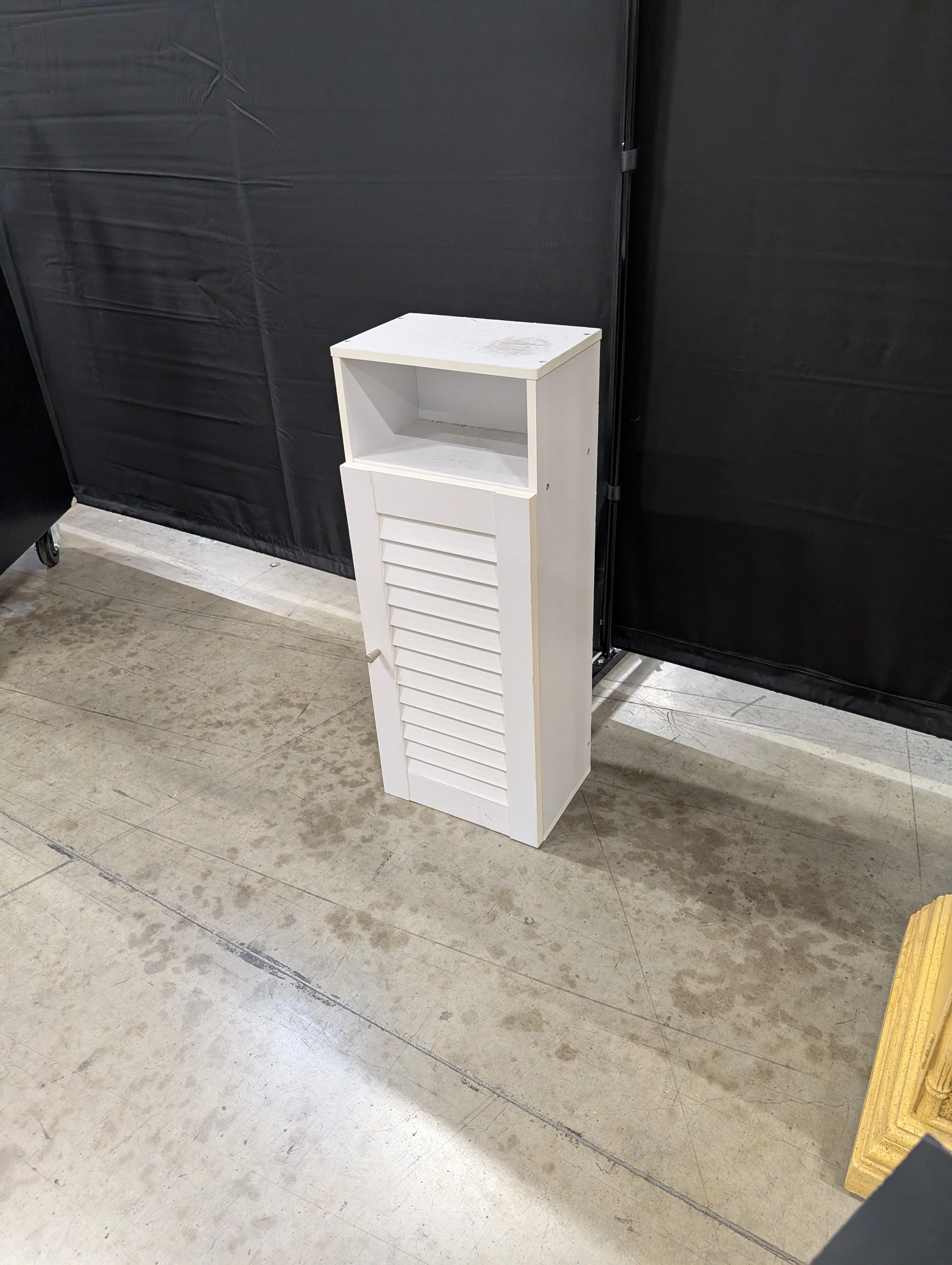 Compact White Louvered Door Storage Cabinet with Open Shelf - Image 4