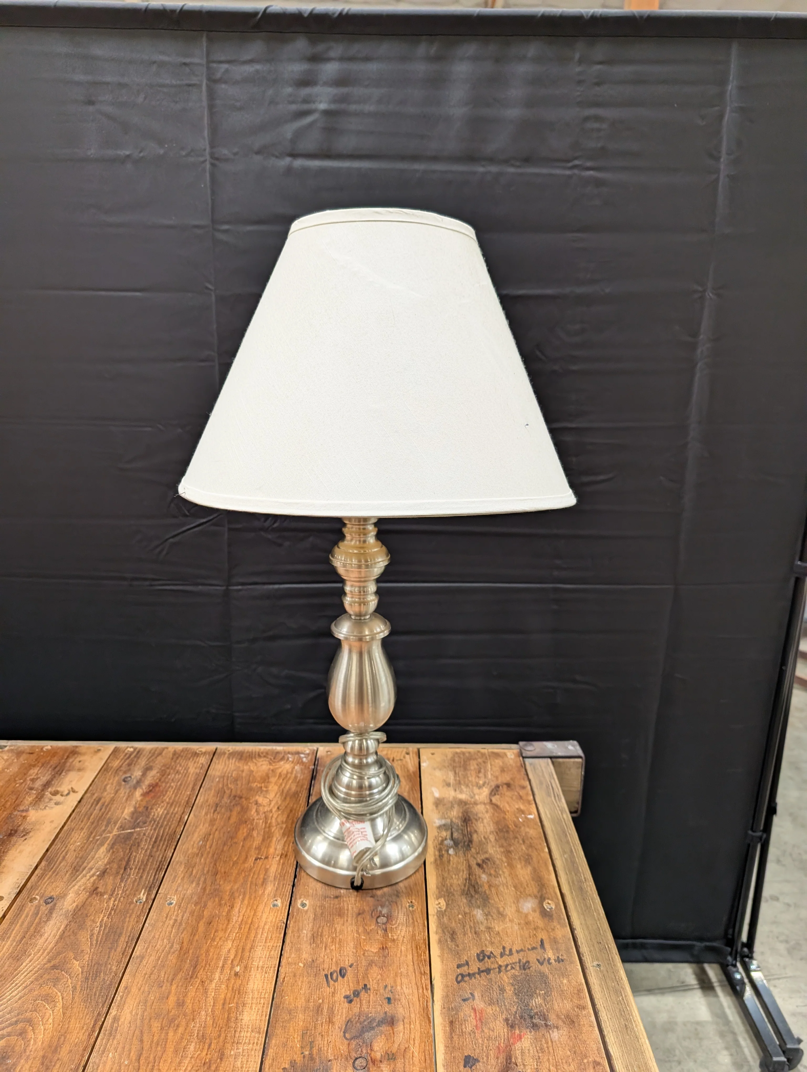 Halfinger Brushed Silver Tone Table Lamp with White Fabric Conical Shade