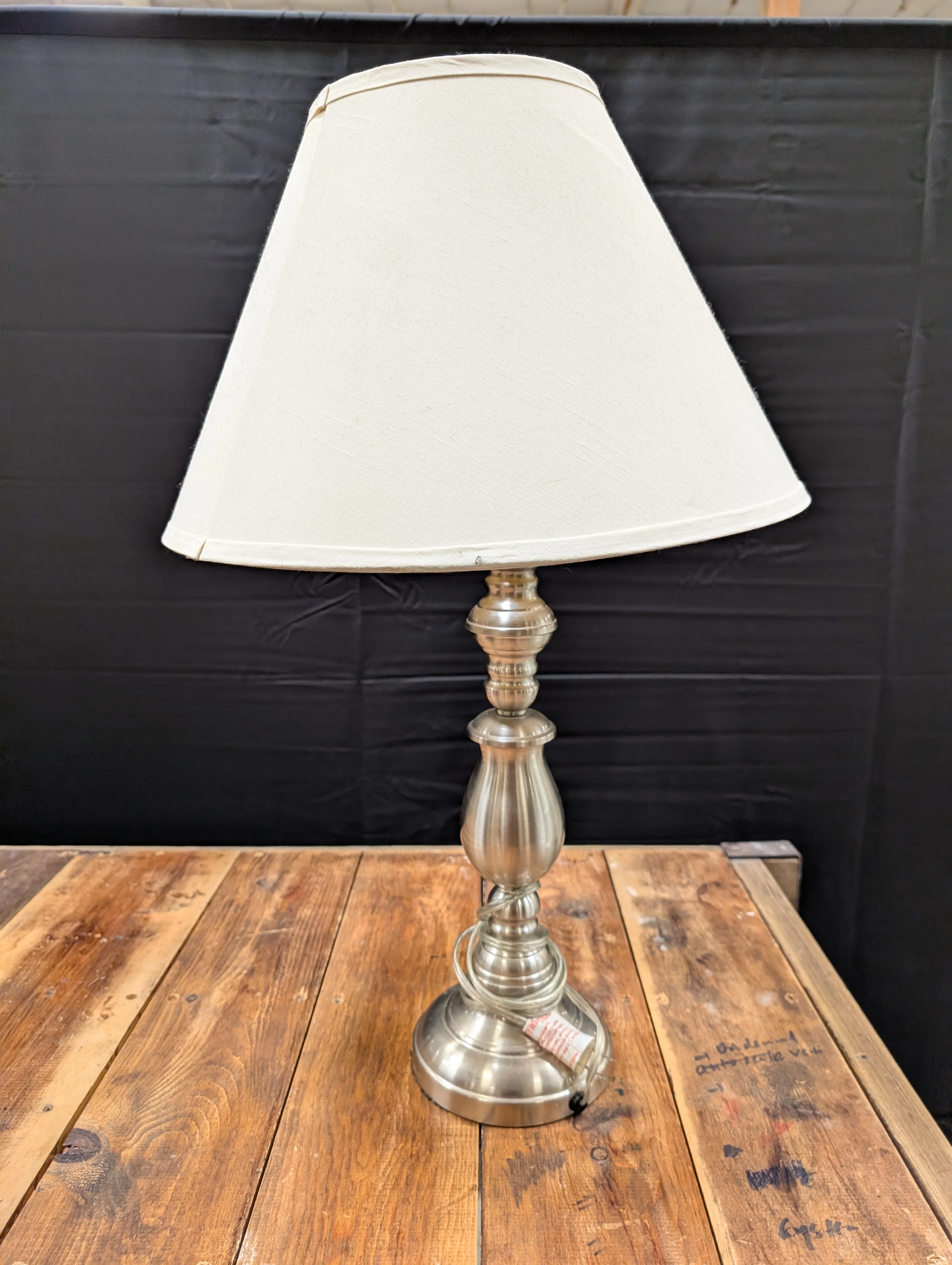 Halfinger Brushed Silver Tone Table Lamp with White Fabric Conical Shade - Image 3
