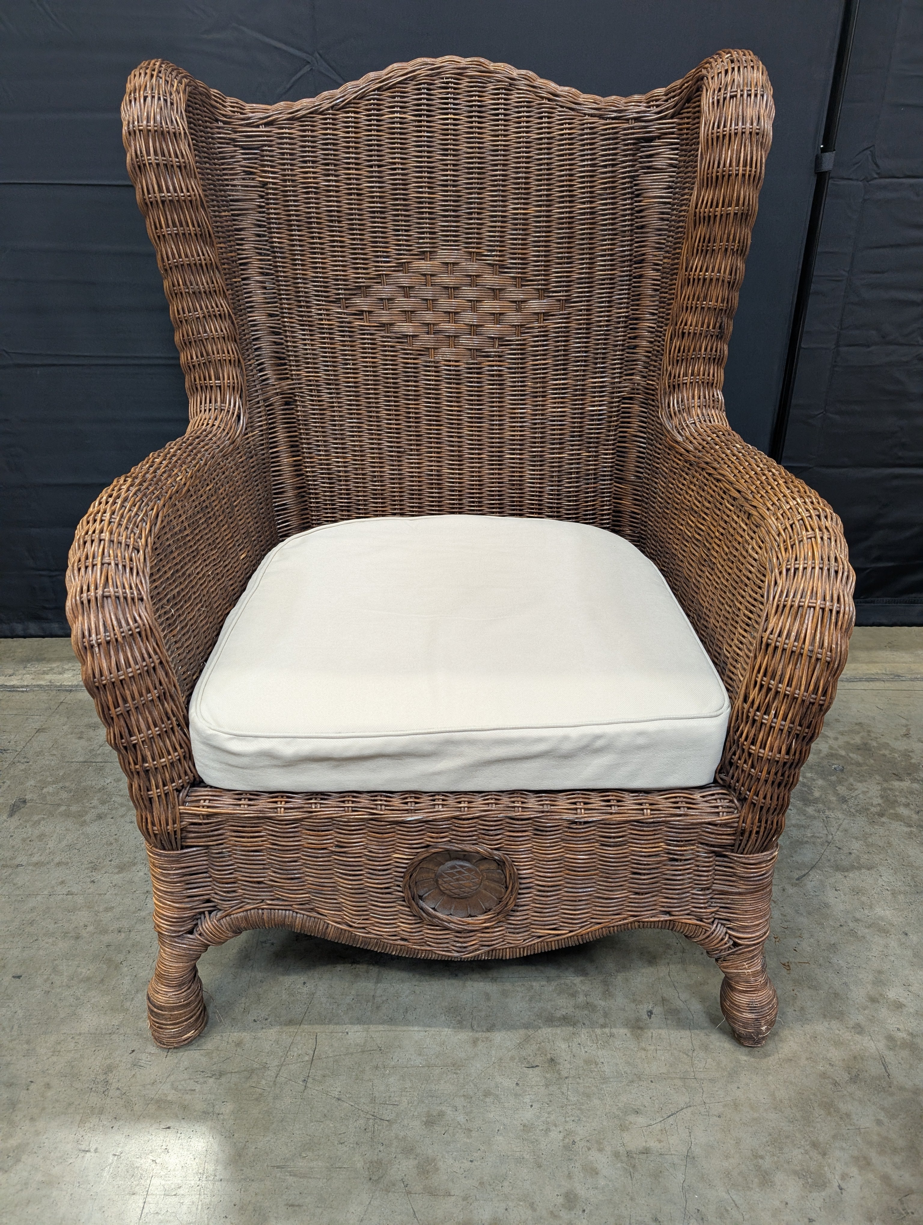 Vintage Wicker High-Back Armchair with Sunflower
