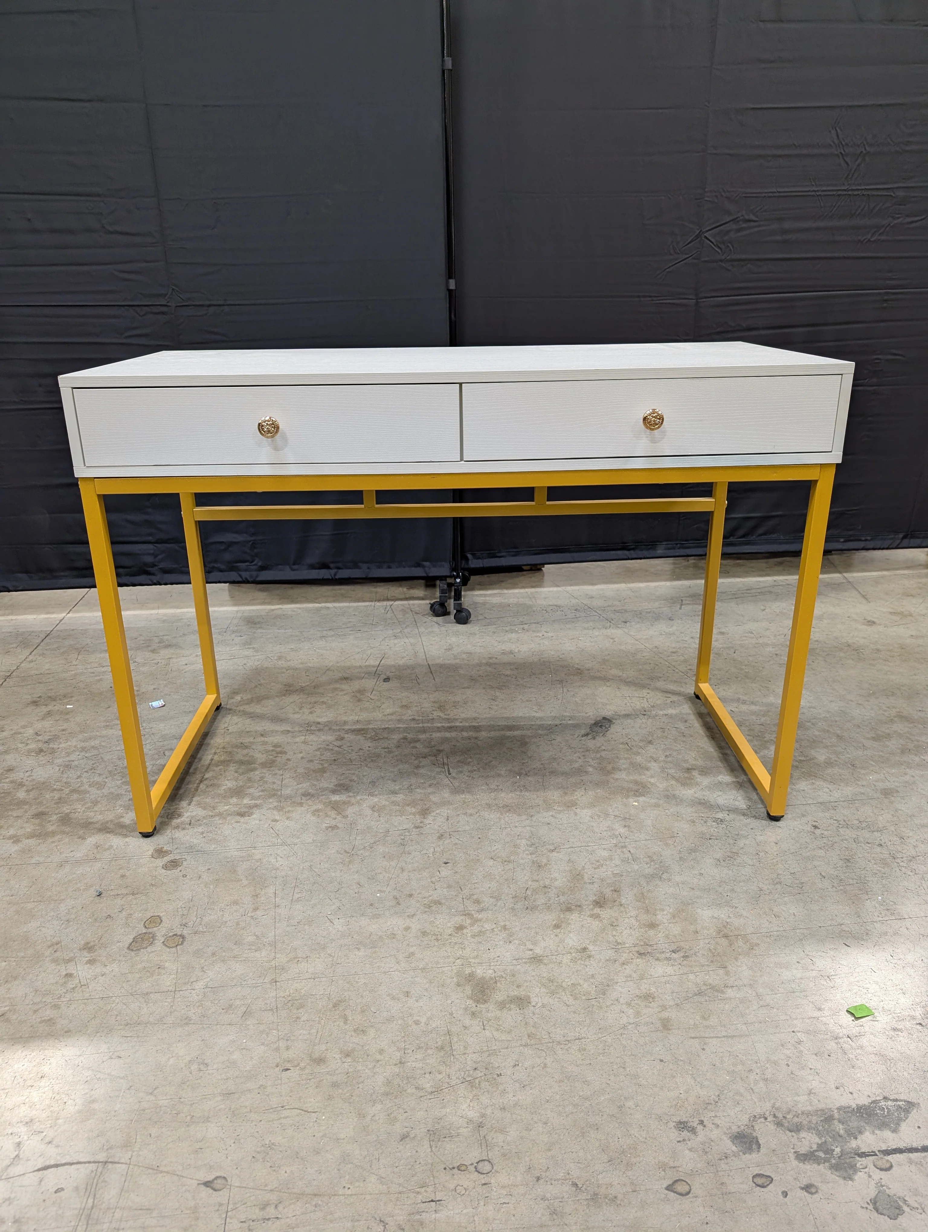 Modern Grey Wood Grain Desk with Gold Tone Metal Frame